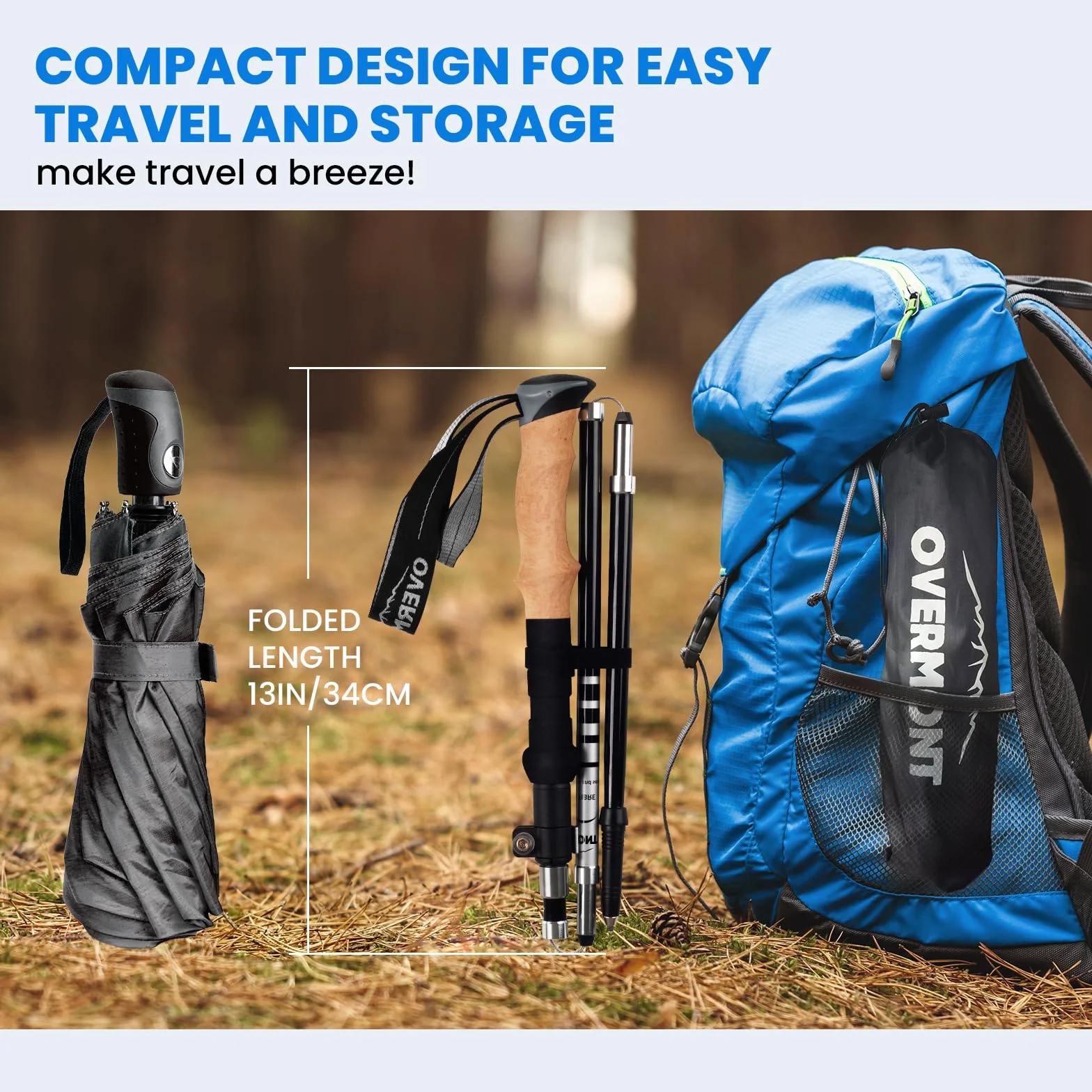 Overmont Kijki trekkingowe z włókna węglowego, 7075 aluminium, ultralekkie, składane, regulowane, 105-125 cm, kijki trekkingowe do nordic walkingu, 1 para z akcesoriami terenowymi