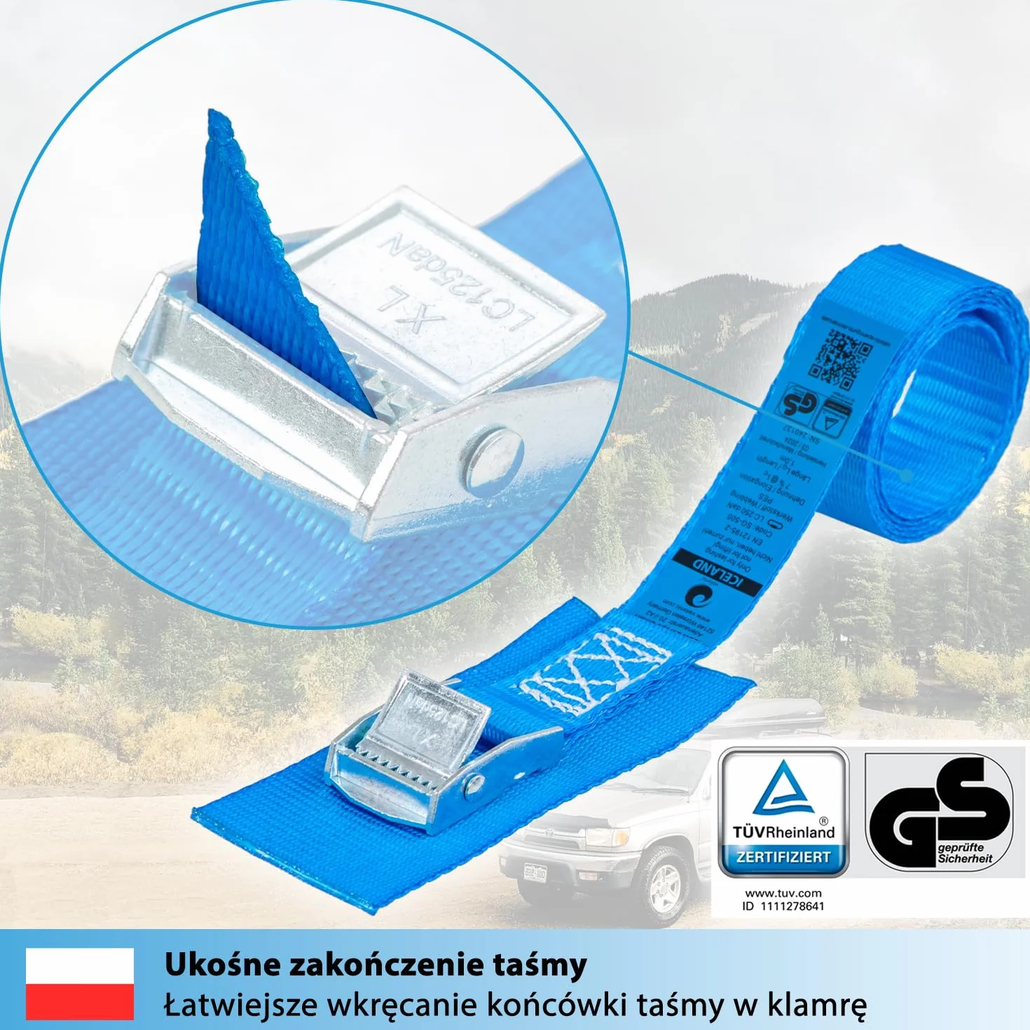 valonic ICELAND - 4x 1m krótkie pasy mocujące z podkładką, 25mm, 250kg, certyfikat TÜV Rheinl. / GS EN-12195-2 - Pas mocujący z zamkiem zaciskowym do bagażnika rowerowego, roweru, kajaka, krótki