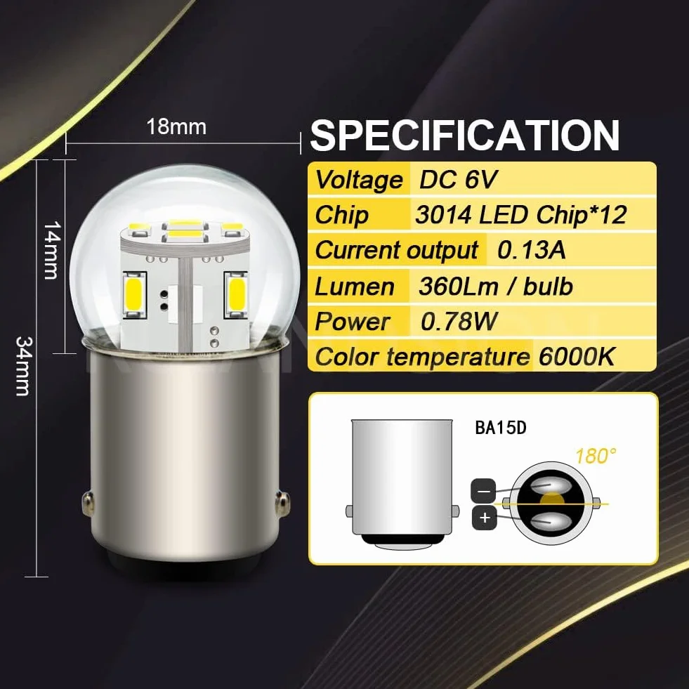 Ruiandsion 2 żarówki LED BA15D 6V 1130 1142 1176 białe 3014 12SMD Zamienne żarówki LED do tylnych świateł samochodowych, przyczep, łodzi morskich, kamperów, łodzi.