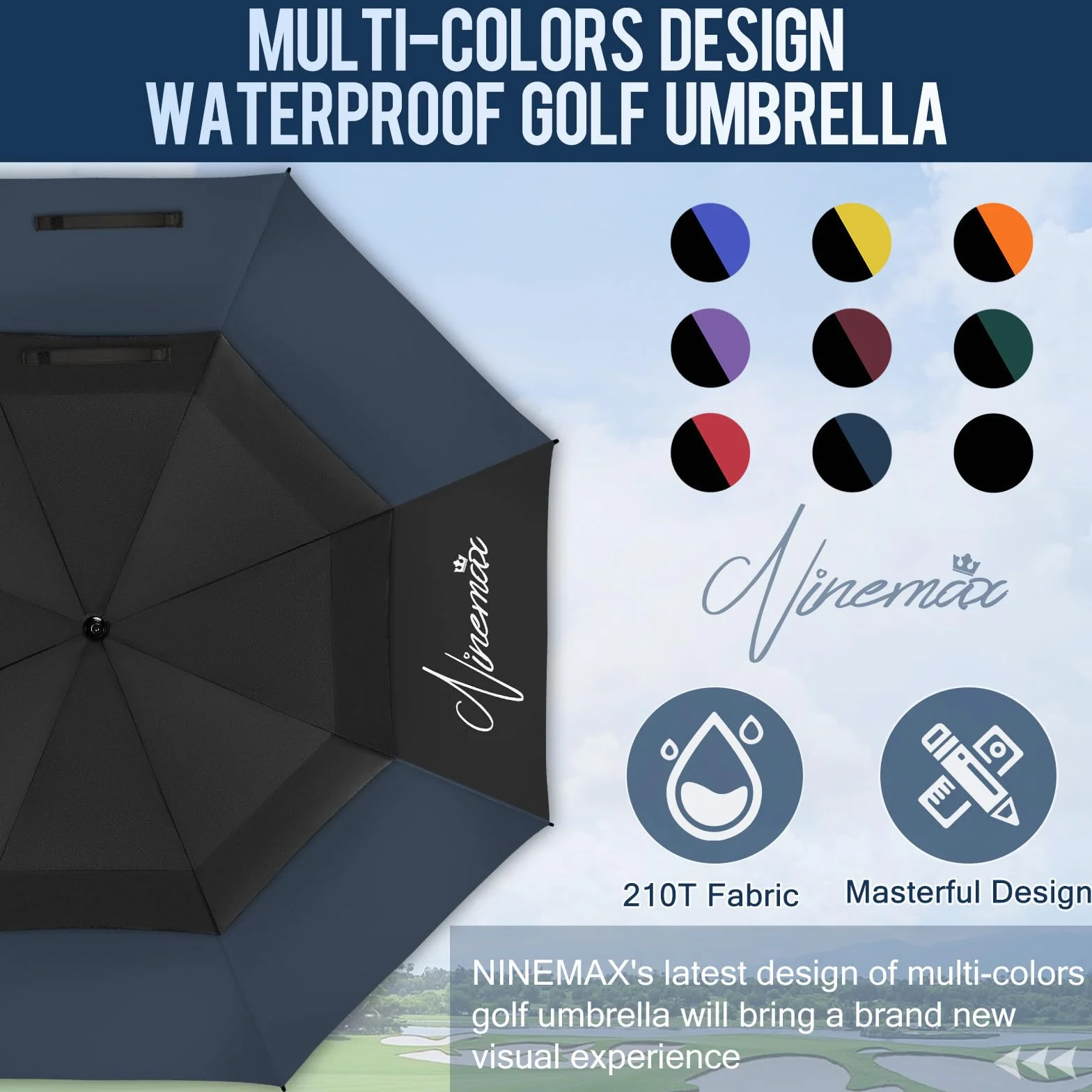 NINEMAX Wiatroodporny Parasol Golfowy 62 inch,Parasol Golfowy Długi Wiatroszczelny,Wodoszczelny,Podwójny Baldachim dla Mężczyzn i Kobiet(Czarny i Ciemnoniebieski)