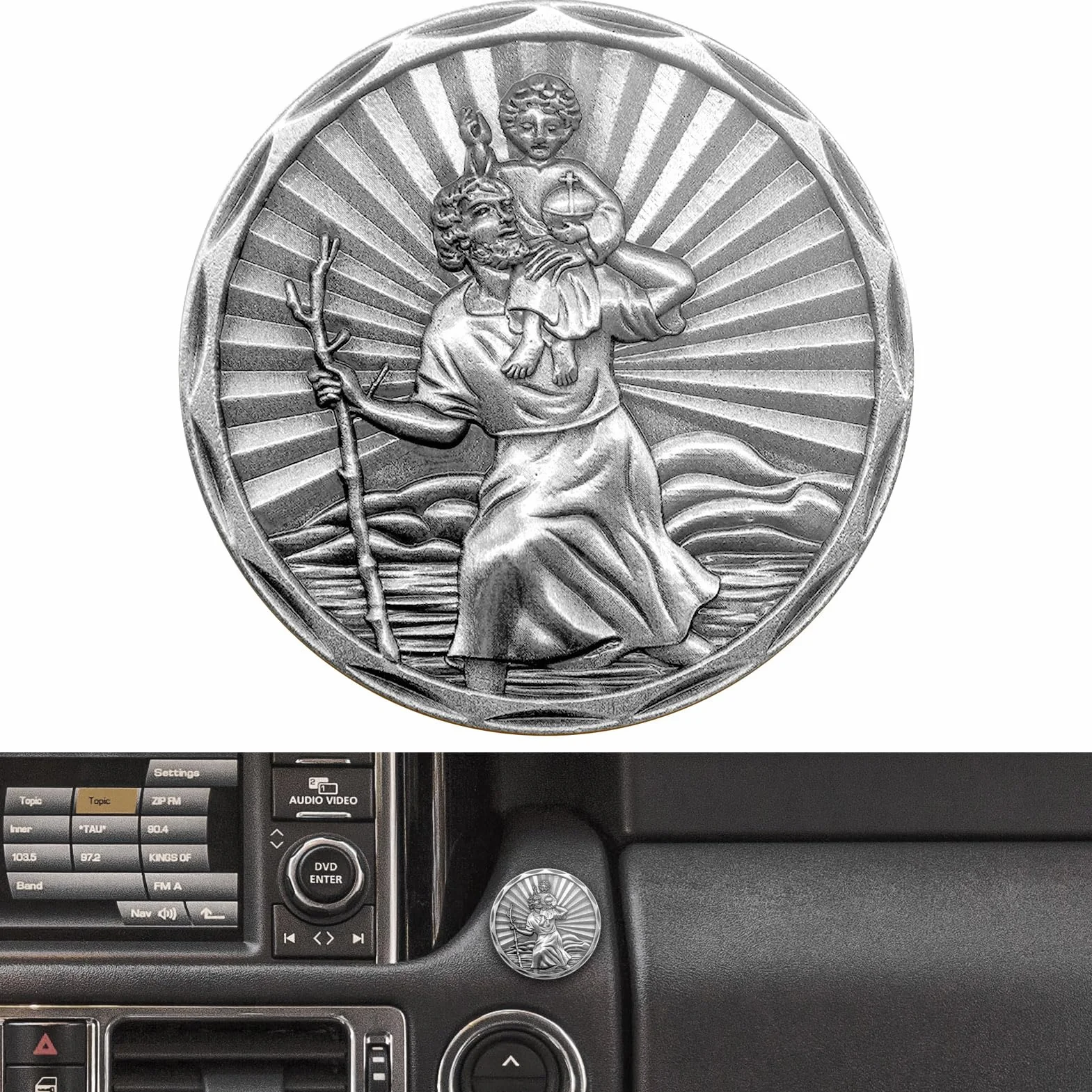 Plakietki na samochód Świętego Krzysztofa Ø 3,4 cm, medal Świętego Krzysztofa, chroń nas, wróć bezpiecznie do domu, prezent z magnesem i 3 dwustronnymi naklejkami samoprzylepnymi, 1 sztuka