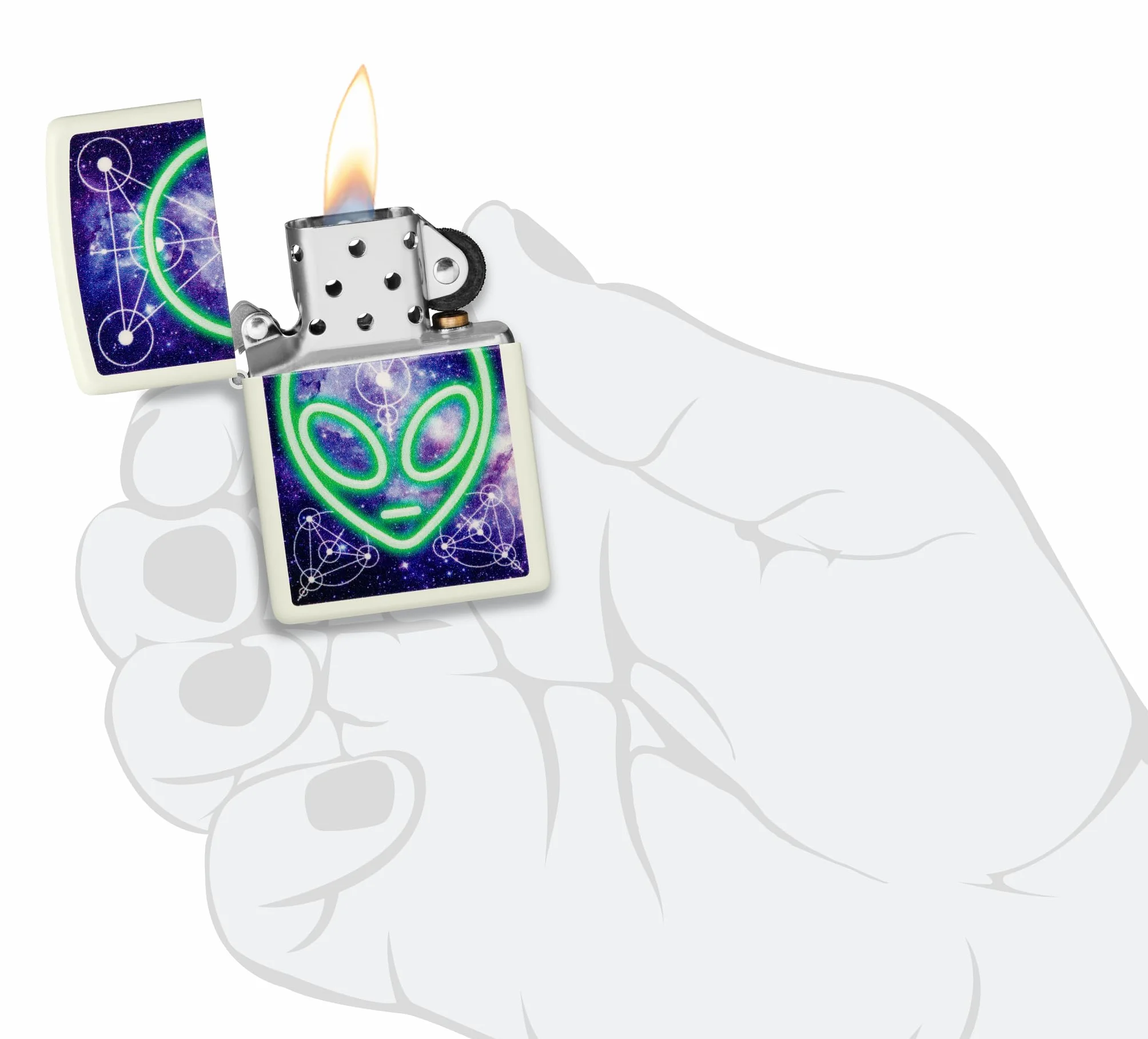 Zippo Alien Zapalniczka Sztormowa, Kolorowy Nadruk, do Napełniania, Wielokrotnego Użytku, Wiatroodporna Konstrukcja, Pudełko na Prezent, Wykonano w USA, Kolor Świecący w Ciemności (Glow-In-The-Dark)