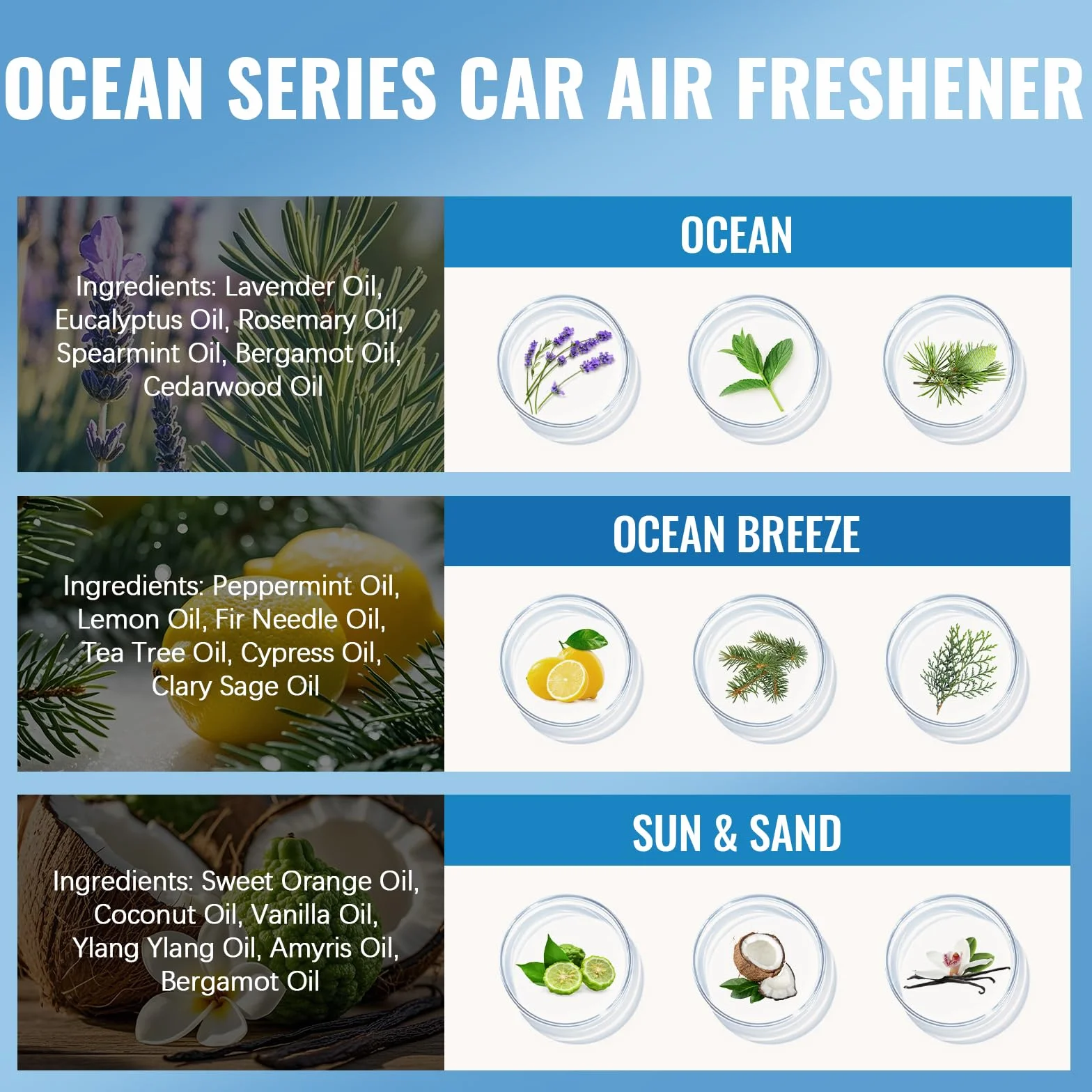 AESHORY Odświeżacz powietrza do samochodu ocean 3 x 8 ml, naturalne olejki eteryczne zawieszka do samochodu, odświeżacze powietrza z pochłaniającym zapachy, prezent dla mężczyzn i kobiet - ocean