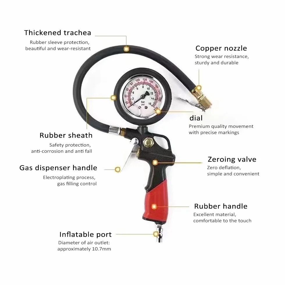 Shkalacar Pompka do opon z manometrem, 0-15 barów/0-220 psi, ciśnieniomierz z wężem, wskaźnik mechaniczny, dysza miedziana, miernik ciśnienia powietrza do samochodów, ciężarówek, motocykli, rowerów