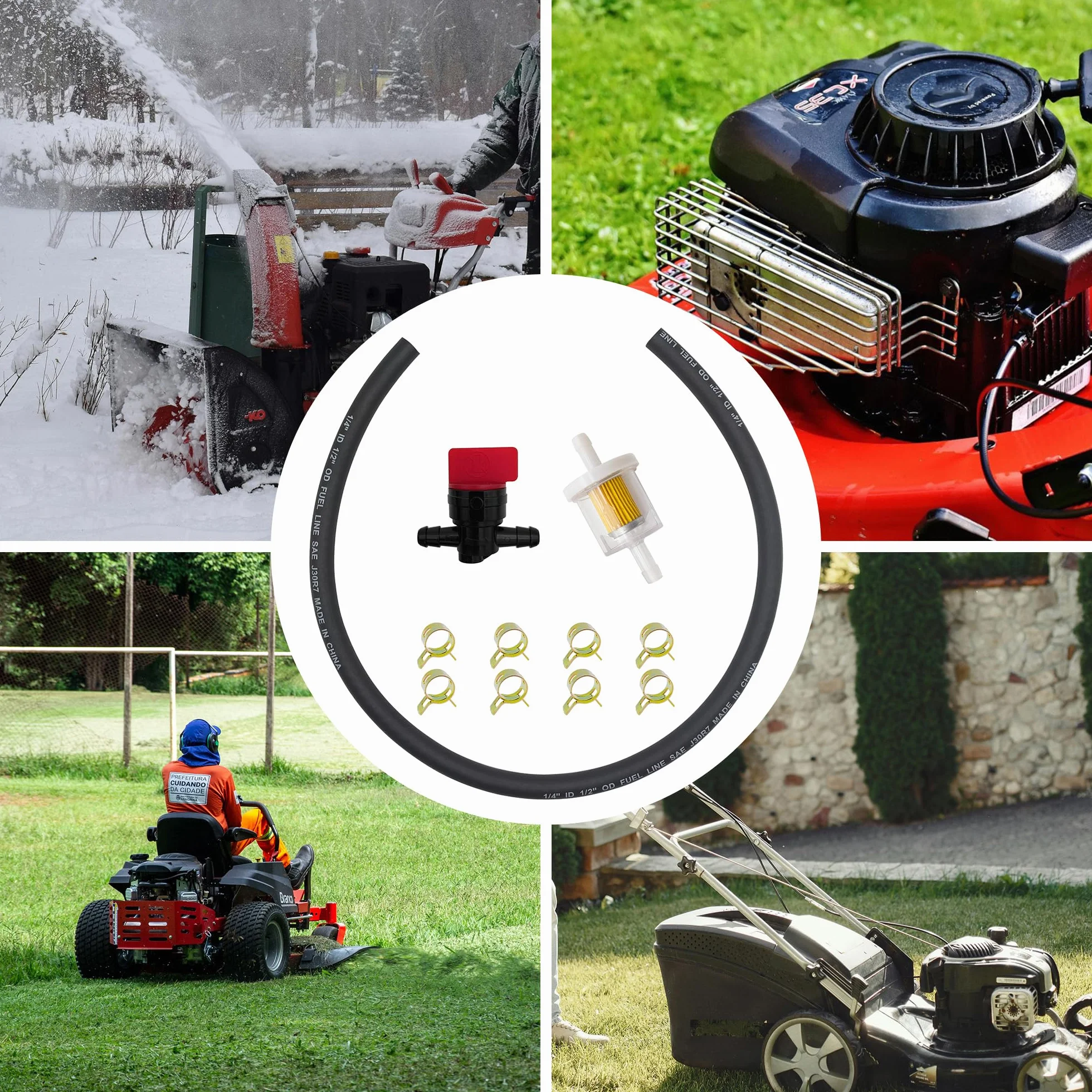 Zestaw paliwowy 6mm (1/4") do Briggs & Stratton 791850, 691035, 698183 – wąż paliwowy 63 cm, filtr paliwa, zawór odcinający do kosiarki, 8 zacisków