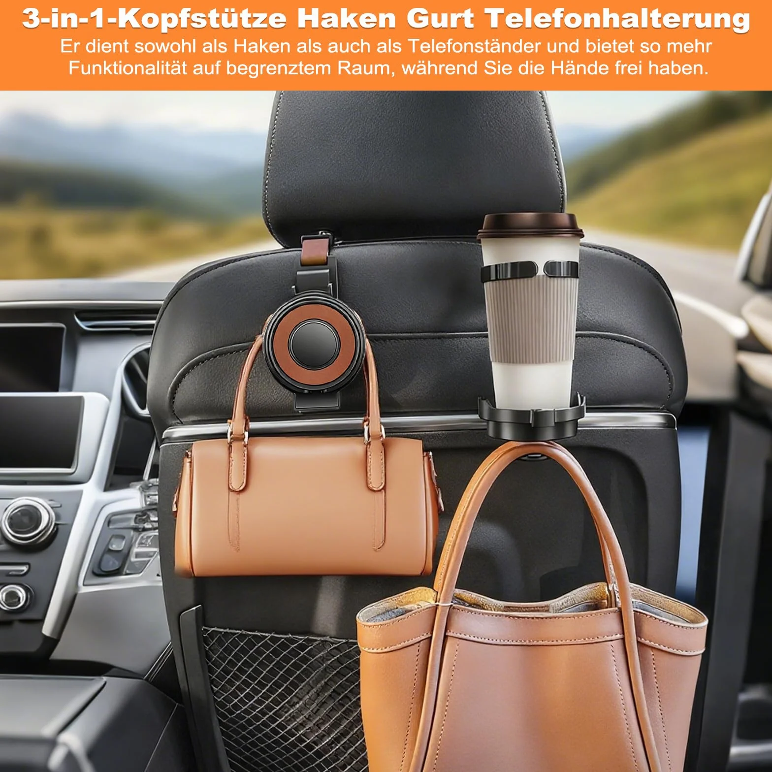 Uchwyt na telefon komórkowy, zagłówek samochodowy, 2 sztuki, haczyki samochodowe, akcesoria samochodowe z uchwytem na telefon komórkowy i uchwytem na okulary, regulowany do samochodu, do torebki