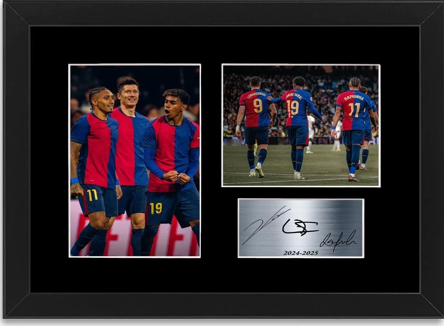 Lamine Yamal Robert Lewandowski Raphinha piłkarze A4 drukowany podpisany autograf zdjęcie uchwyt oprawiony prezent dla fanów Barcelony