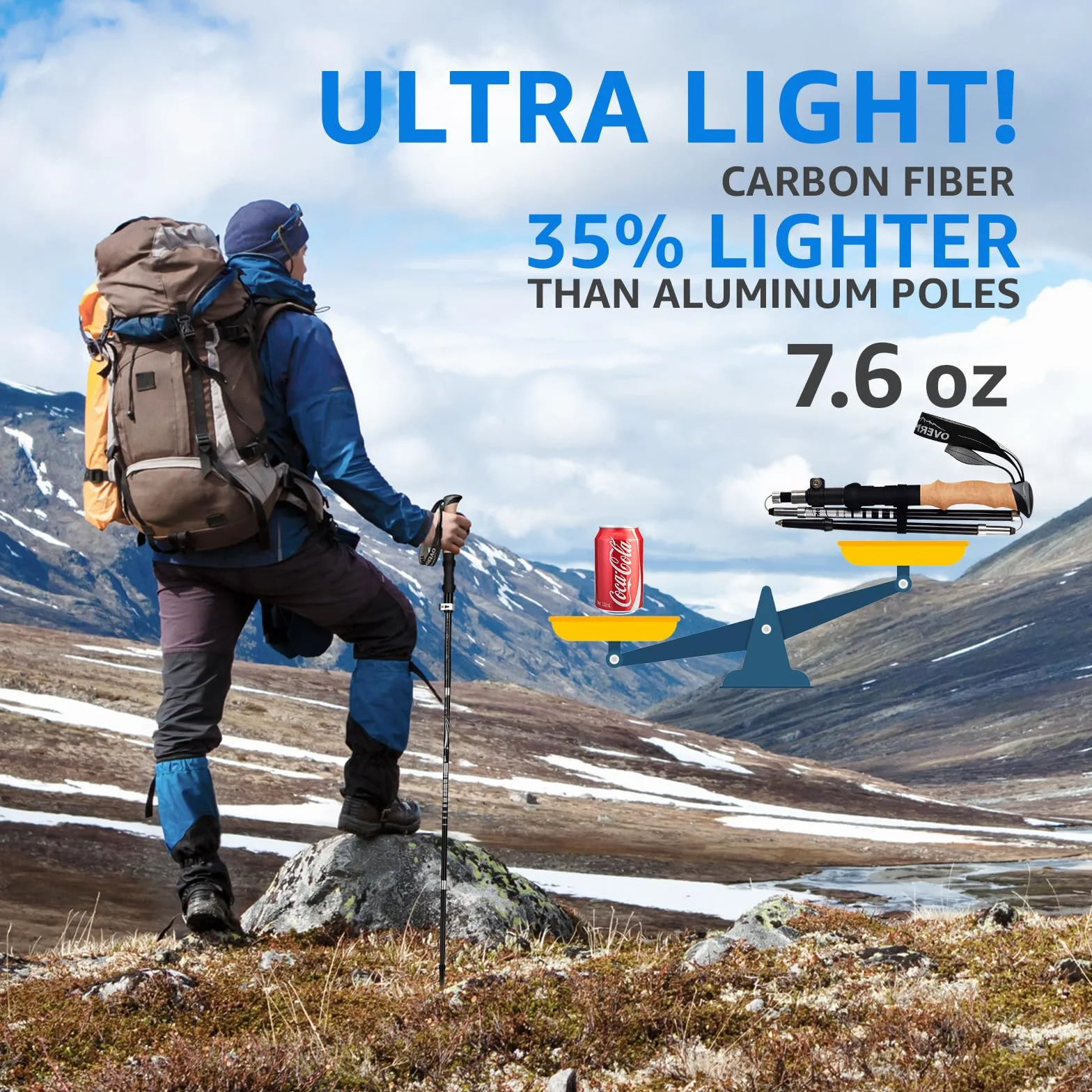 Overmont Kijki trekkingowe z włókna węglowego, 7075 aluminium, ultralekkie, składane, regulowane, 105-125 cm, kijki trekkingowe do nordic walkingu, 1 para z akcesoriami terenowymi