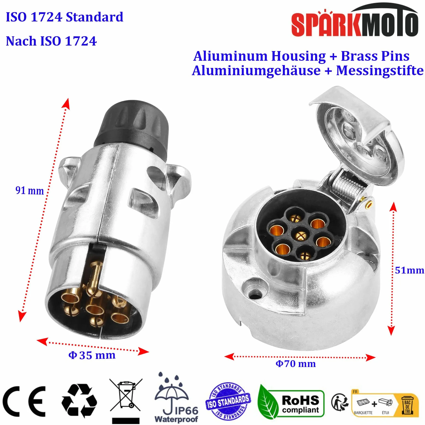 Metalowe Gniazdo 7 Polaków I Metalu Wtyczka Przyczepy 7 Polaków,12V Wtyczka I Gniazdo Przyczepy 7 Polaków Aluminium,Wodoodporna Wtyczka Gniazdo Przyczepy RV,z uchwytem wtyczki przyczepy czerwony(Aluminium B)