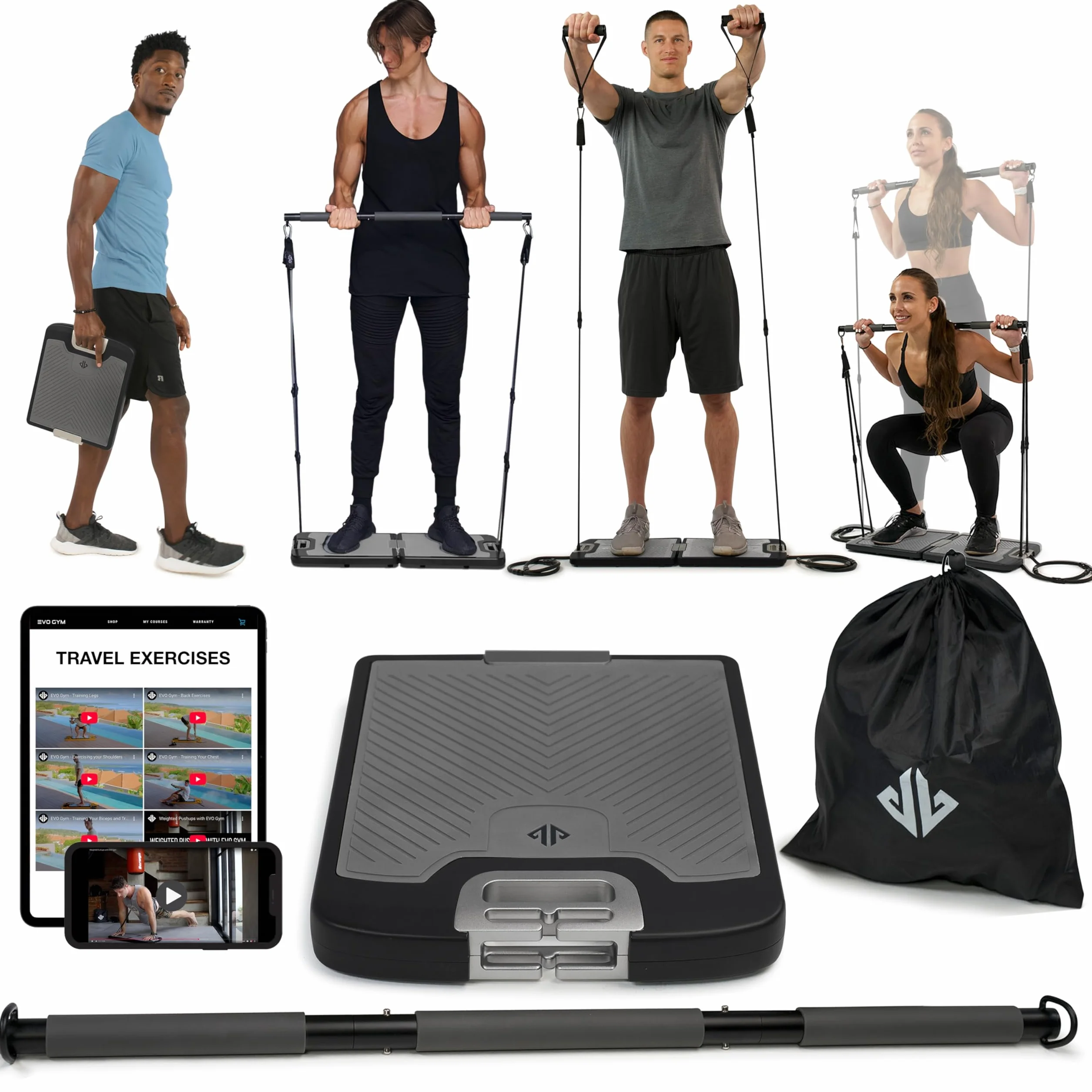 EVO Gym - przenośny sprzęt do treningu siłowego w domowej siłowni, wszystko w jednym, taśmy oporowe, podstawa mieści drążek gimnastyczny i uchwyty do podróży, przenośny sprzęt do ćwiczeń domowych