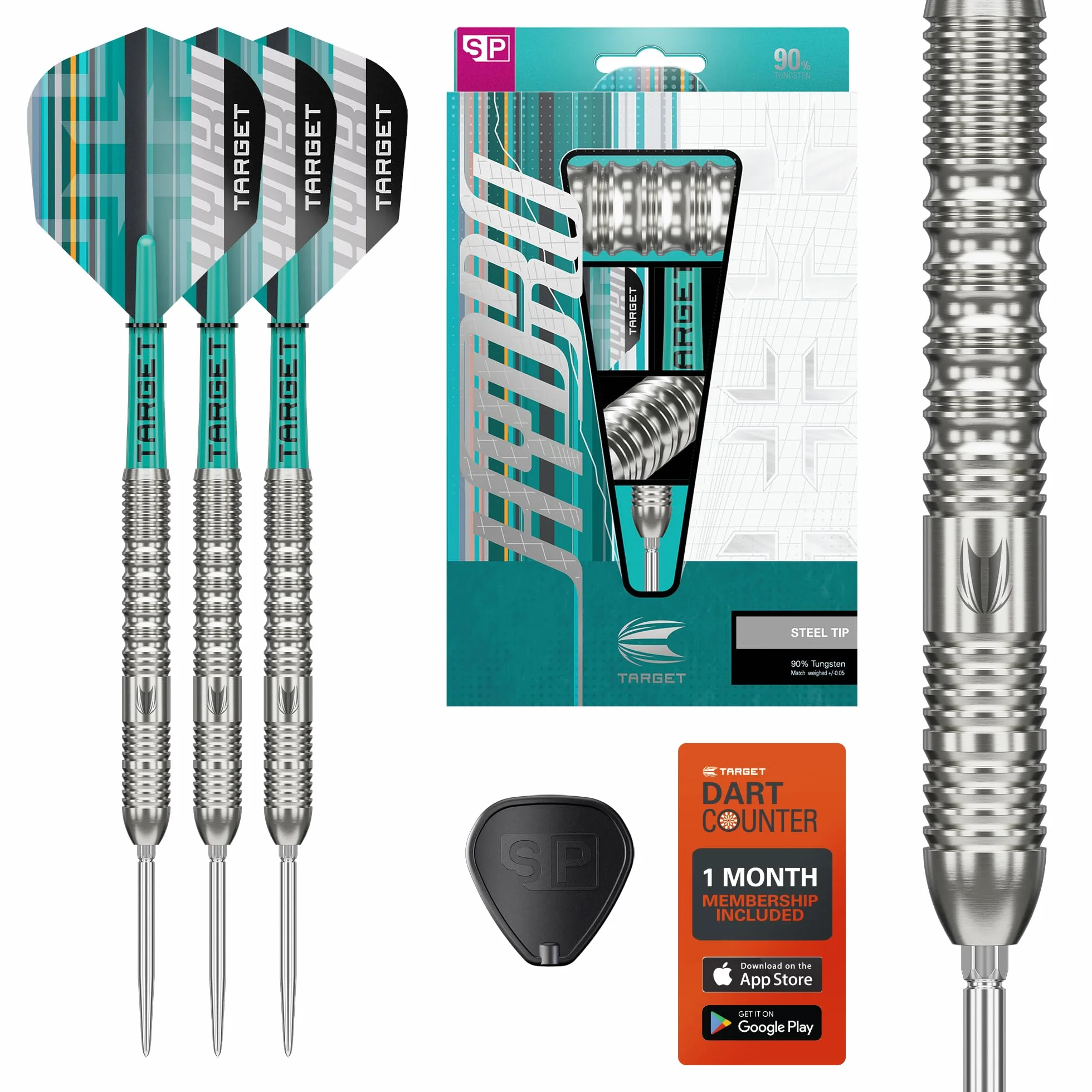 Target Darts Hydro Steel Tip Dart Set, 21G/22G/23G/24G/25G/26G (Barrel 01/02/03) | 90% wolframowe rzutki, srebrne końcówki Swiss Point, trzonek Pro Grip Tag i skrzydełka Pro Ultra No.6, w zestawie.