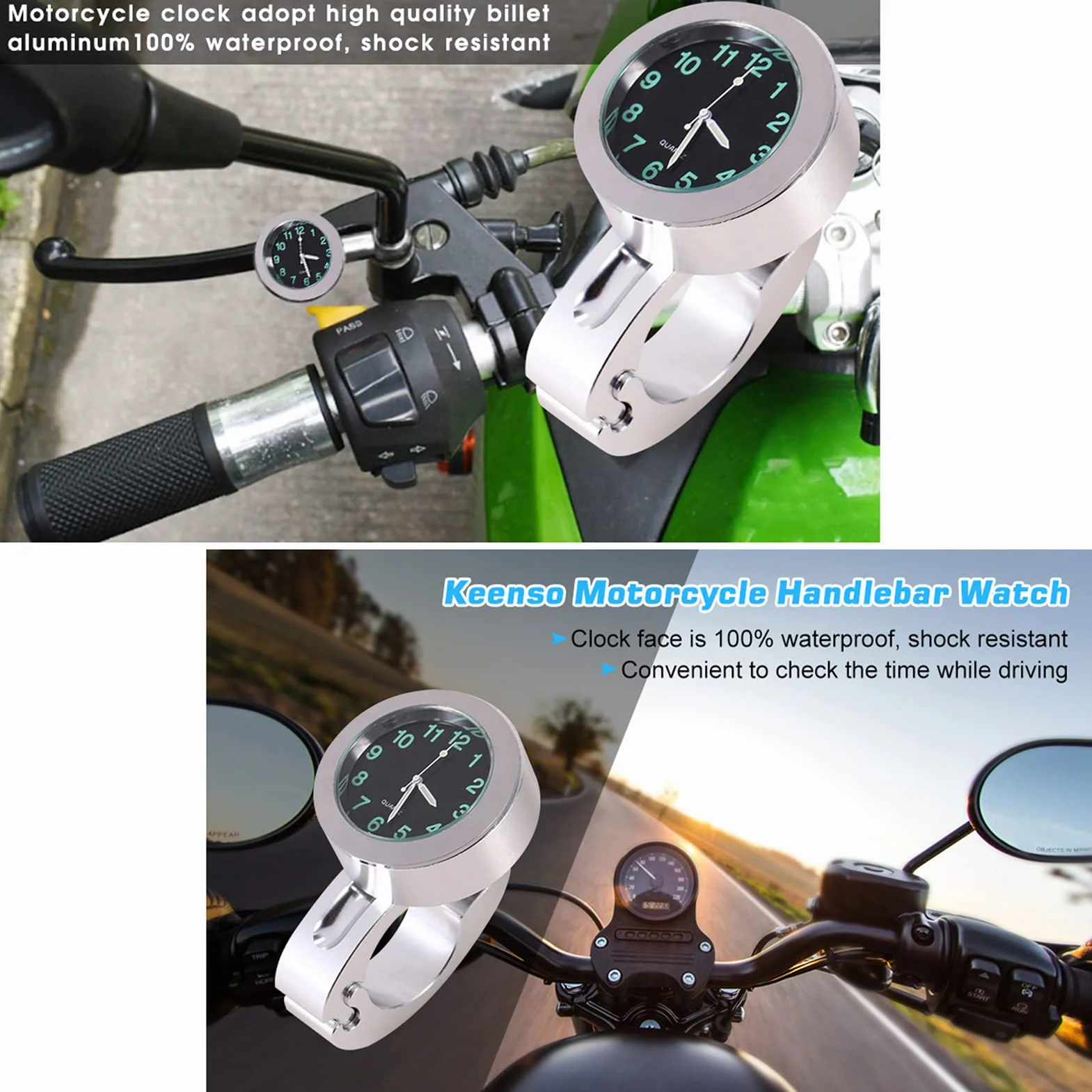 Srebrny zegarek na kierownicę, srebrny aluminiowy wodoodporny, odporny na wstrząsy zegarek motocyklowy, 1-częściowy krążownik do niestandardowego motocykla Chopper