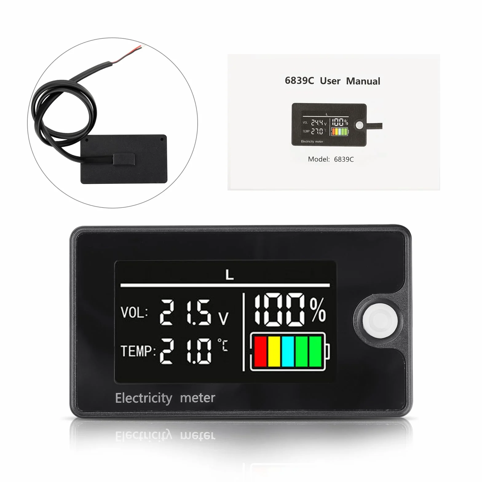 HEEMOL Monitor pojemności akumulatora 12 V, 24 V, 36 V, 48 V, 60 V, 72 V, 84 V, DC8-100 V, wyświetlacz LCD, wodoodporny z czujnikiem temperatury, alarm do samochodów, łodzi, kamperów.