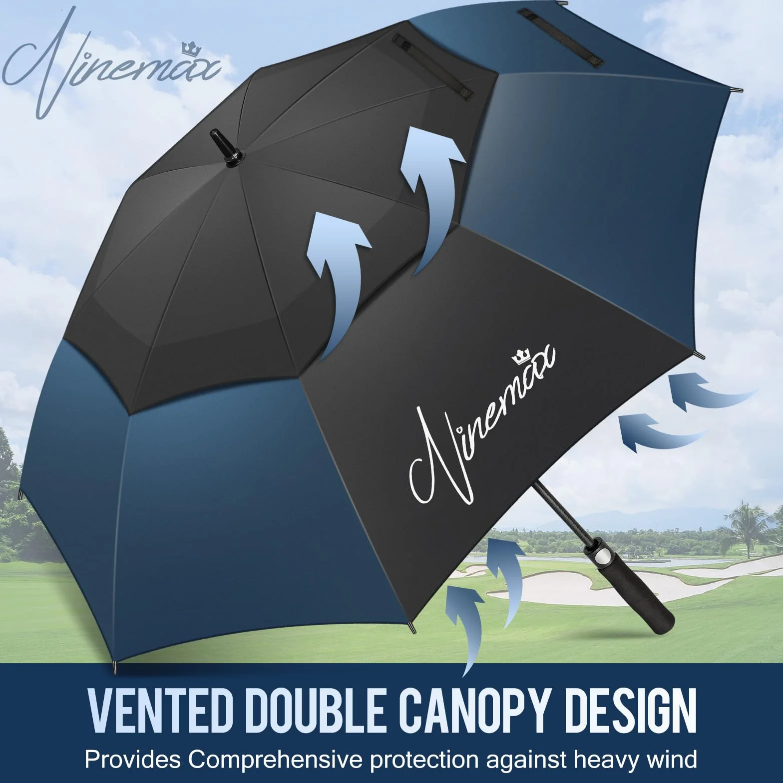 NINEMAX Wiatroodporny Parasol Golfowy 62 inch,Parasol Golfowy Długi Wiatroszczelny,Wodoszczelny,Podwójny Baldachim dla Mężczyzn i Kobiet(Czarny i Ciemnoniebieski)