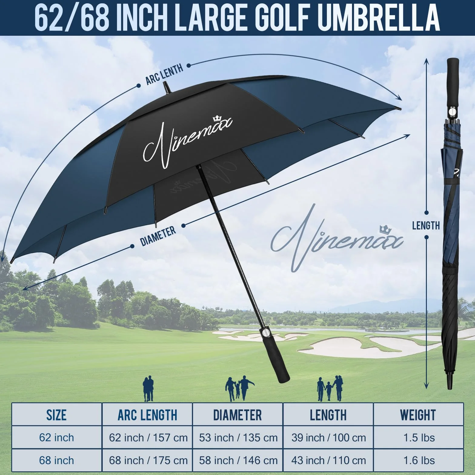 NINEMAX Wiatroodporny Parasol Golfowy 62 inch,Parasol Golfowy Długi Wiatroszczelny,Wodoszczelny,Podwójny Baldachim dla Mężczyzn i Kobiet(Czarny i Ciemnoniebieski)