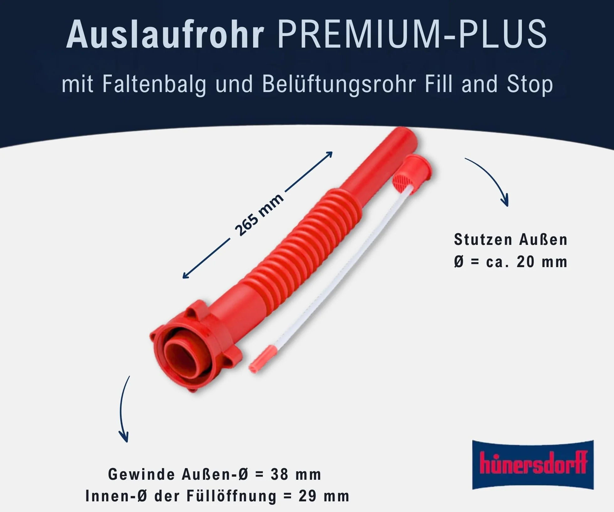 hünersdorff Rura odpływowa Premium Plus, benzynowa, elastyczna, do kanistrów na paliwo/podwójny + FuelFriend, z czerwoną nakrętką złączkową, czerwona