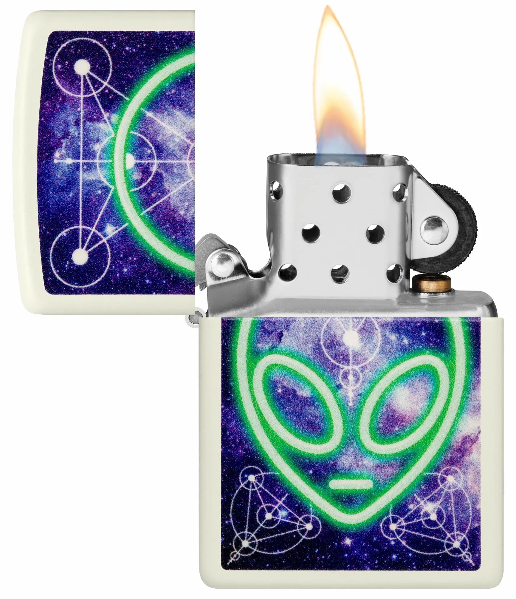 Zippo Alien Zapalniczka Sztormowa, Kolorowy Nadruk, do Napełniania, Wielokrotnego Użytku, Wiatroodporna Konstrukcja, Pudełko na Prezent, Wykonano w USA, Kolor Świecący w Ciemności (Glow-In-The-Dark)