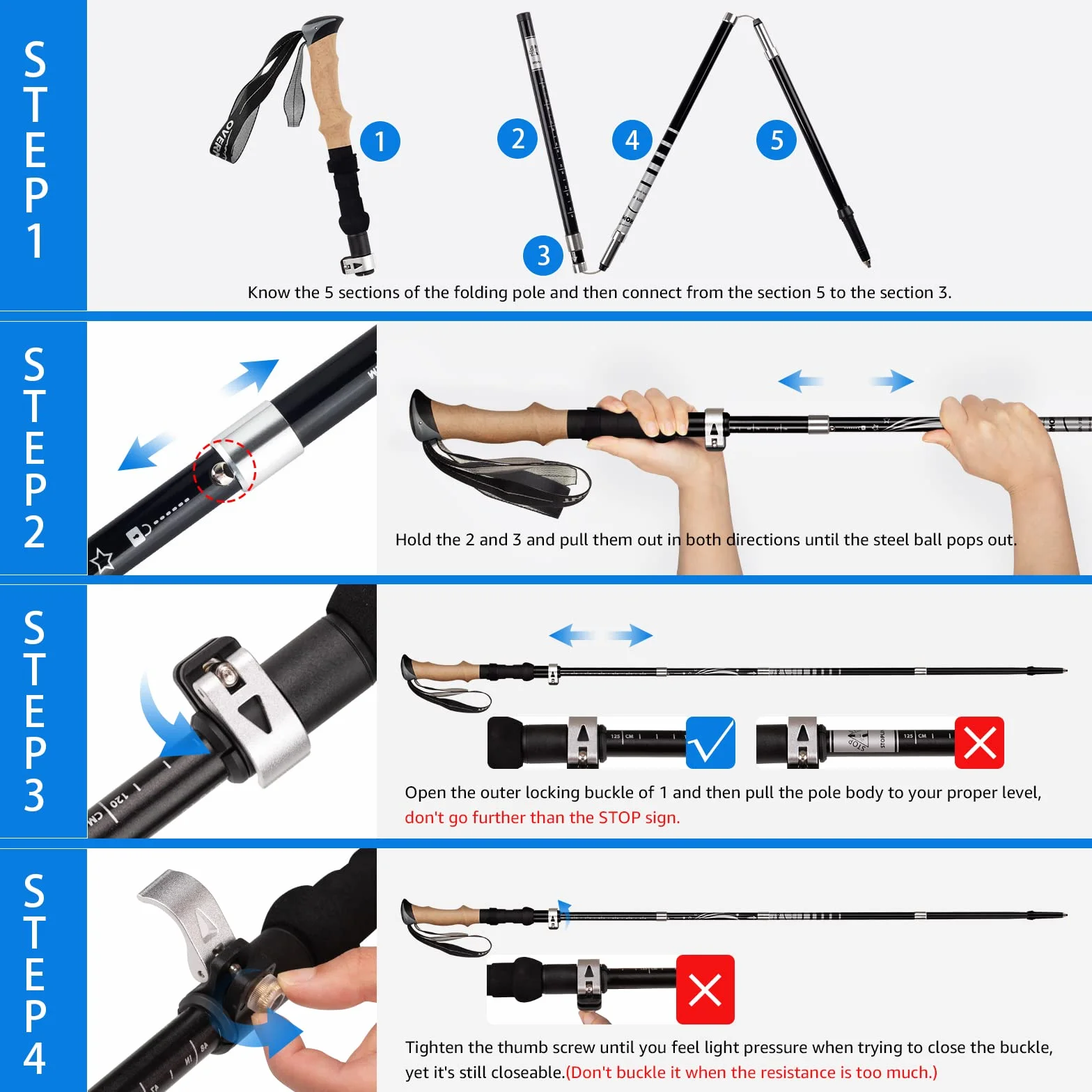 Overmont Kijki trekkingowe z włókna węglowego, 7075 aluminium, ultralekkie, składane, regulowane, 105-125 cm, kijki trekkingowe do nordic walkingu, 1 para z akcesoriami terenowymi