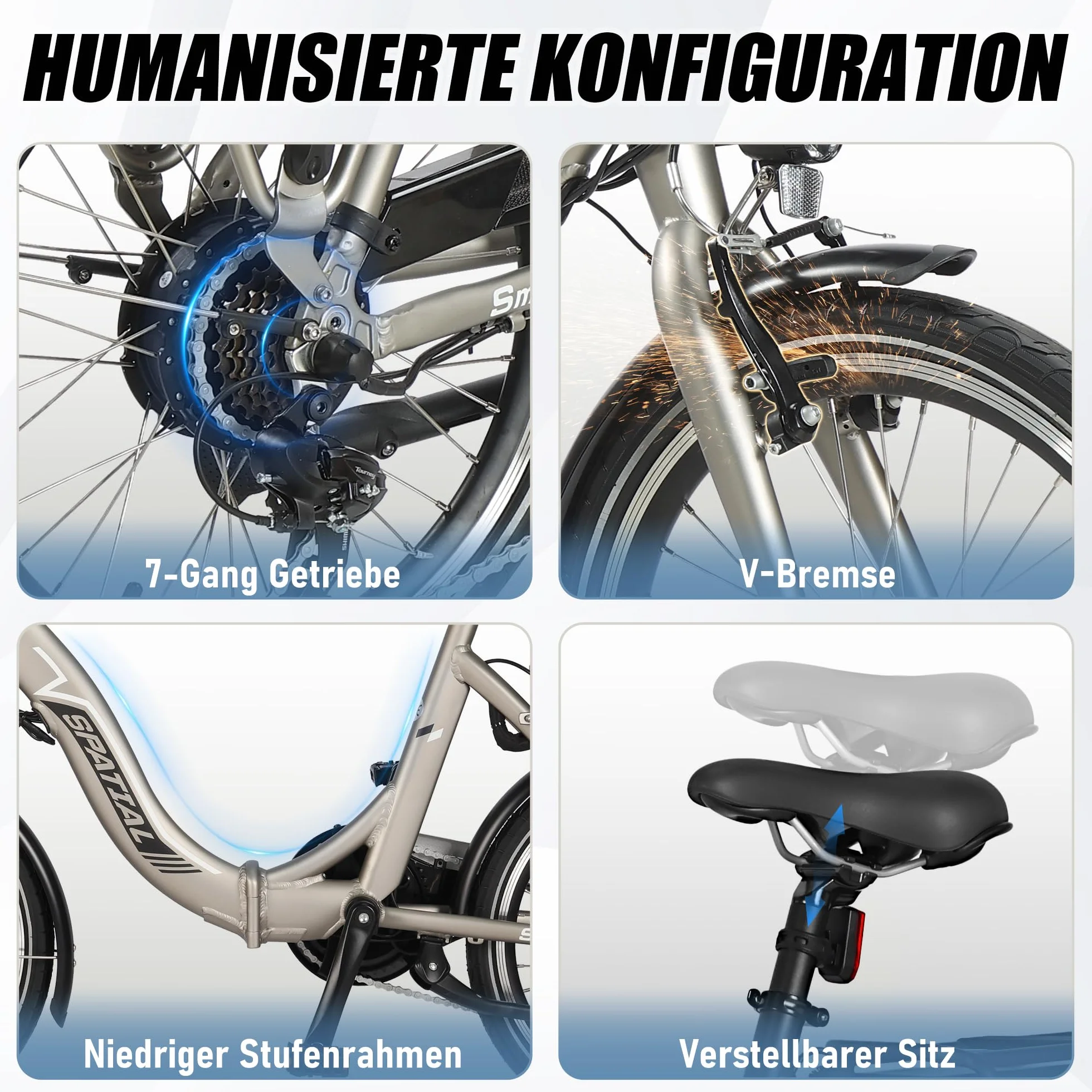 SPATIAL E Bike, składany rower elektryczny, 20 cali, 40 NM, 250 W, 36 V, 374,4 Wh, 7-biegowa przerzutka, wyświetlacz LCD, dla mężczyzn i kobiet