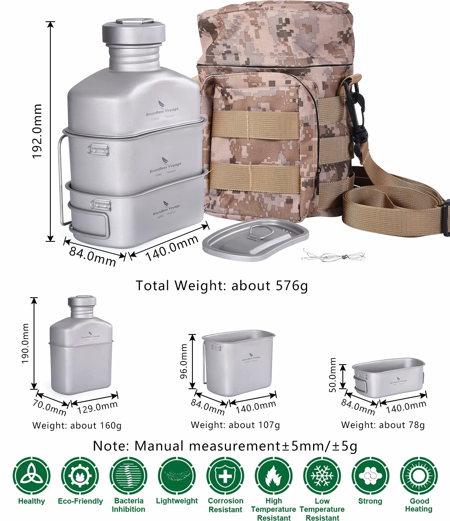 iBasingo Titan Ti2049C Wojskowa butelka na napoje kempingowe, 1100 ml, 750 ml, 400 ml, stołówka, do użytku na zewnątrz, ultralekki, zestaw naczyń kuchennych