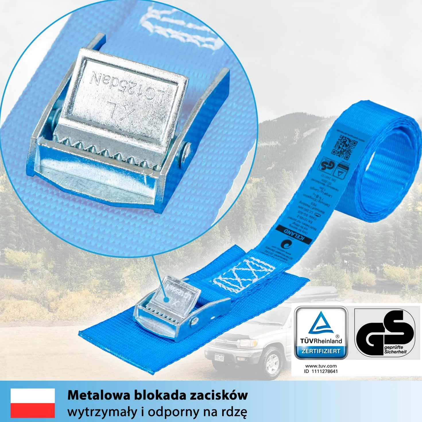 valonic ICELAND - 4x 1m krótkie pasy mocujące z podkładką, 25mm, 250kg, certyfikat TÜV Rheinl. / GS EN-12195-2 - Pas mocujący z zamkiem zaciskowym do bagażnika rowerowego, roweru, kajaka, krótki