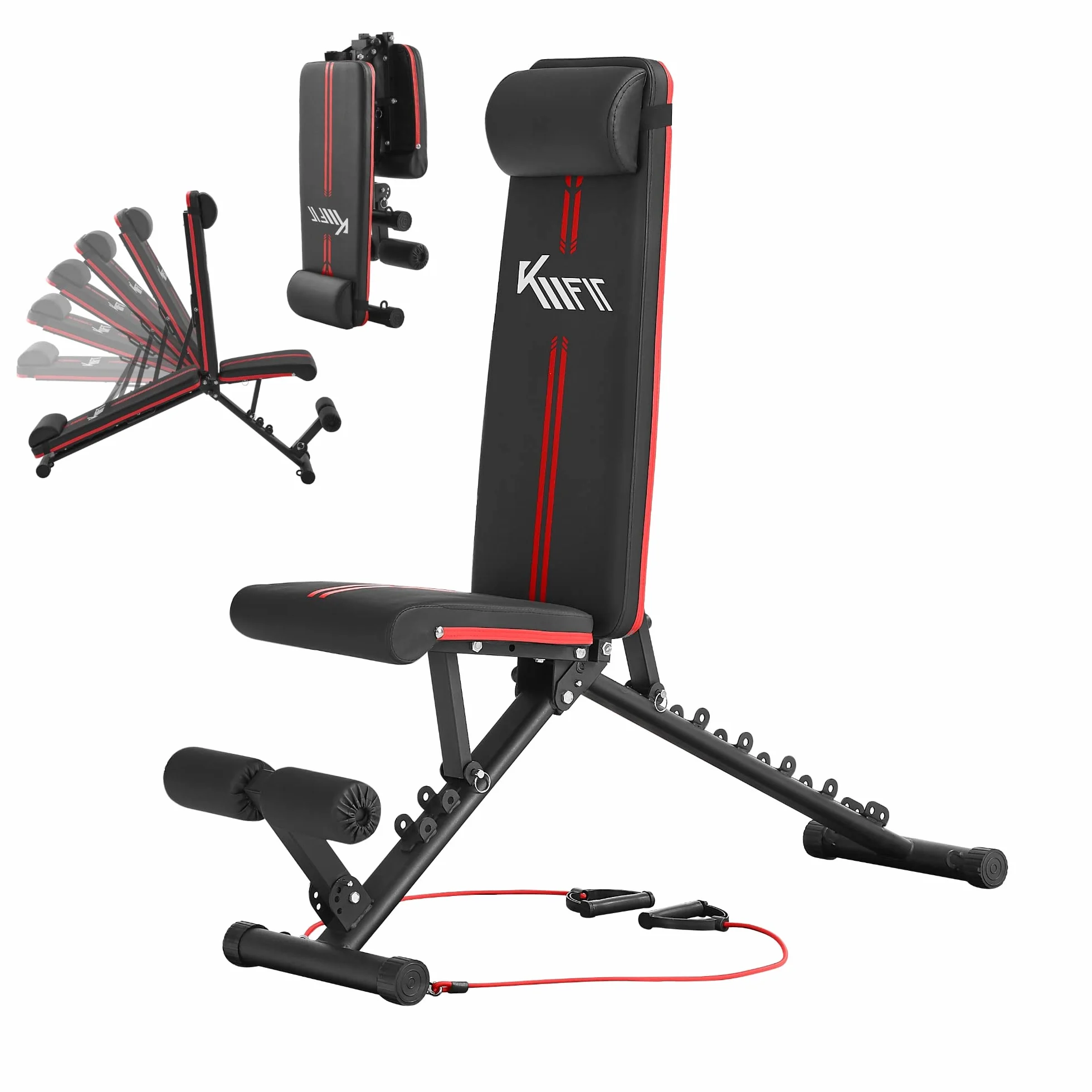 KM-Fit Składana ławka treningowa | Wielofunkcyjna ławka treningowa Fitness | Oparcie regulowane w 6 pozycjach | Regulacja siedziska w 3 pozycjach | Oddychająca powierzchnia EVA | Nośność do 400 kg