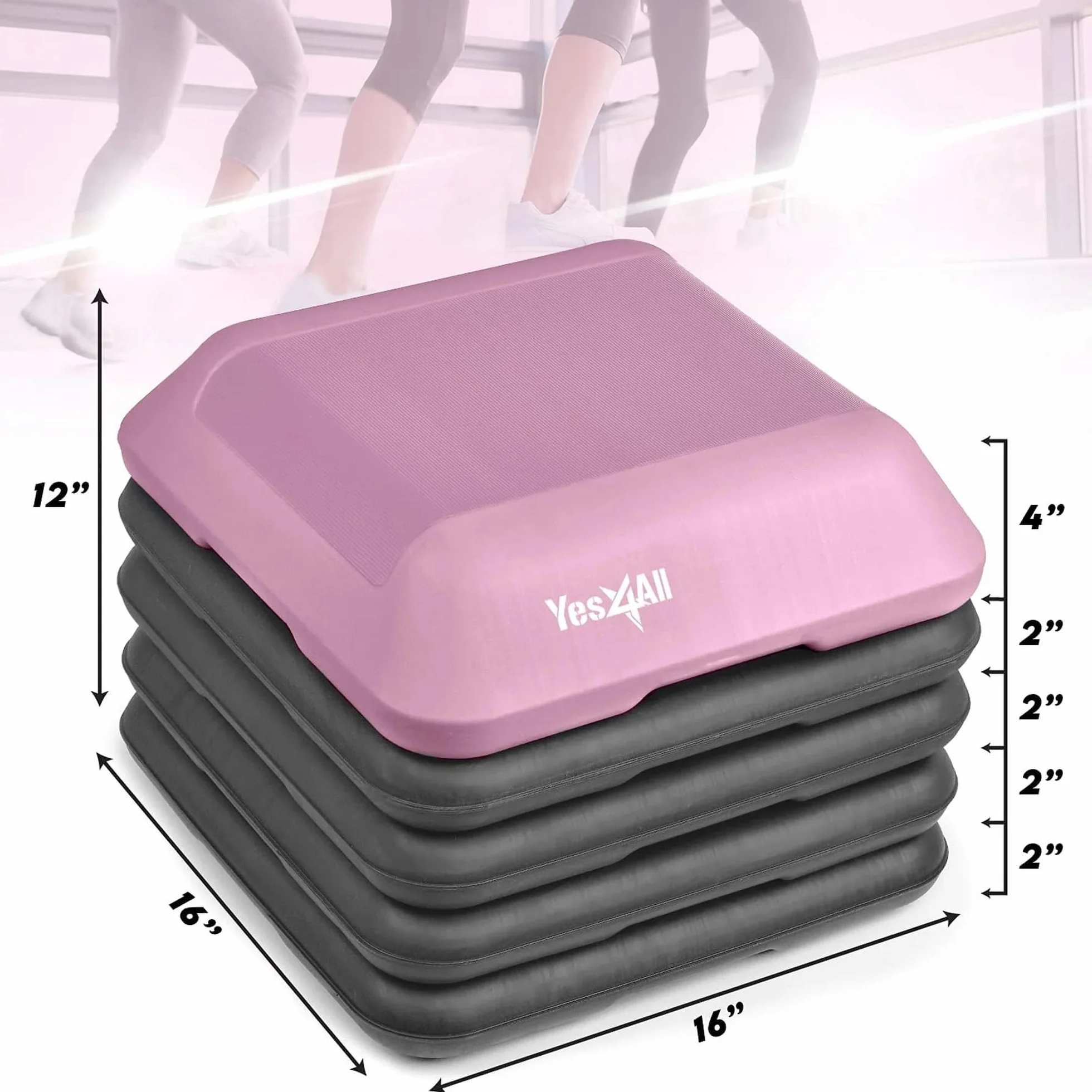 Yes4All CXKW 40,6 x 40,6 cm regulowana platforma aerobowa z wysokim stopniem z 4 pionami (różowo-szara)
