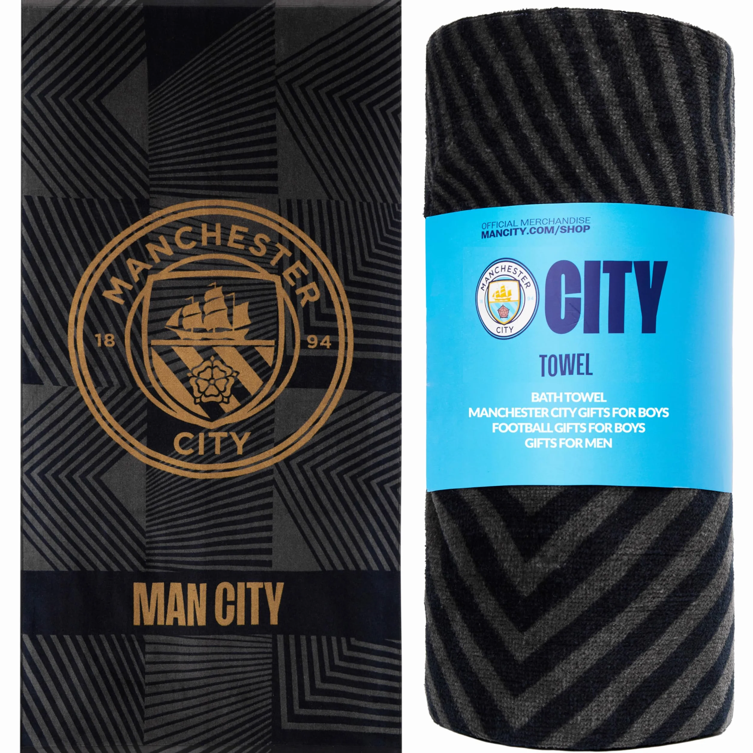 Manchester City FC ręczniki łazienkowe welurowe 140 x 70 ręcznik kąpielowy do piłki nożnej 100% bawełna (czarny)