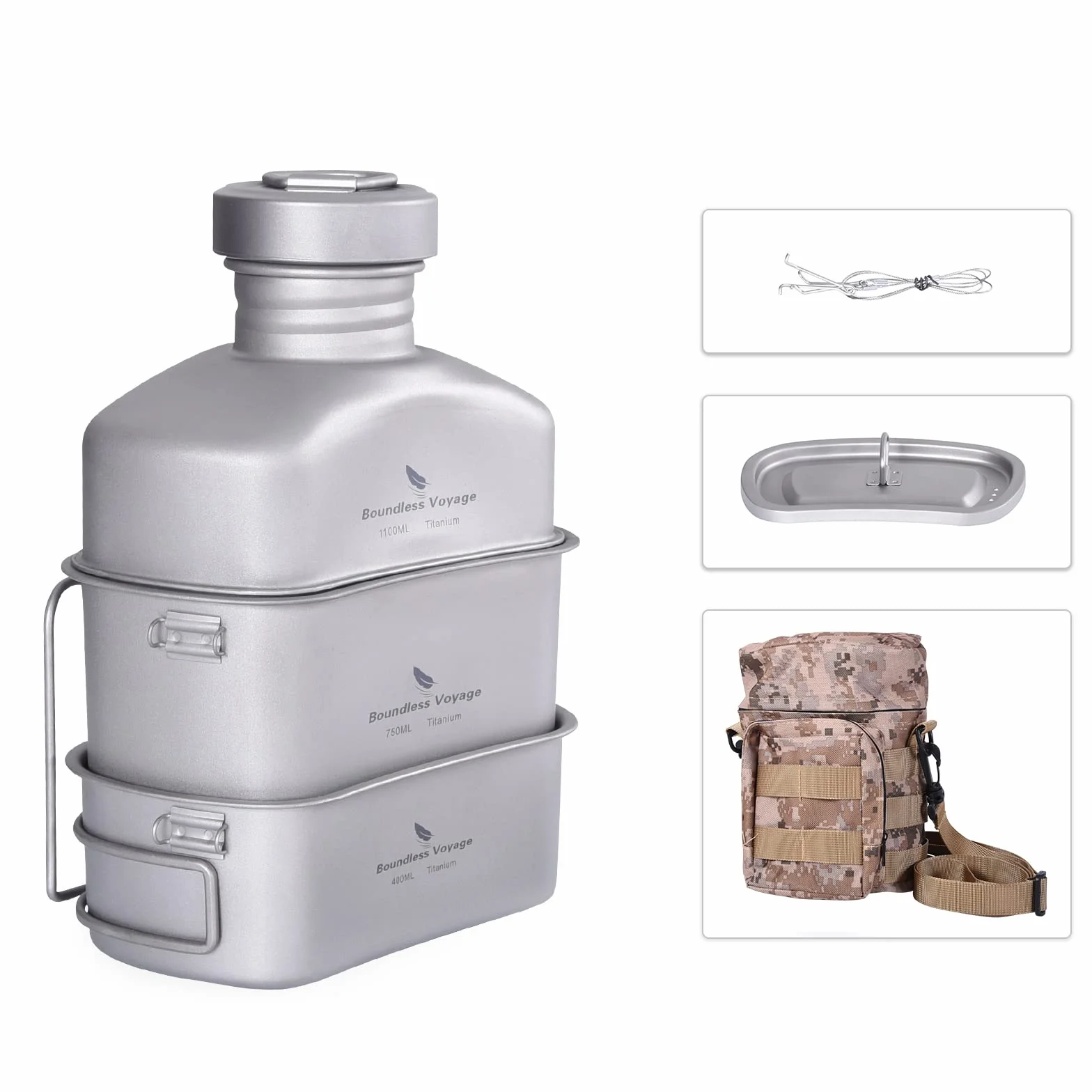 iBasingo Titan Ti2049C Wojskowa butelka na napoje kempingowe, 1100 ml, 750 ml, 400 ml, stołówka, do użytku na zewnątrz, ultralekki, zestaw naczyń kuchennych