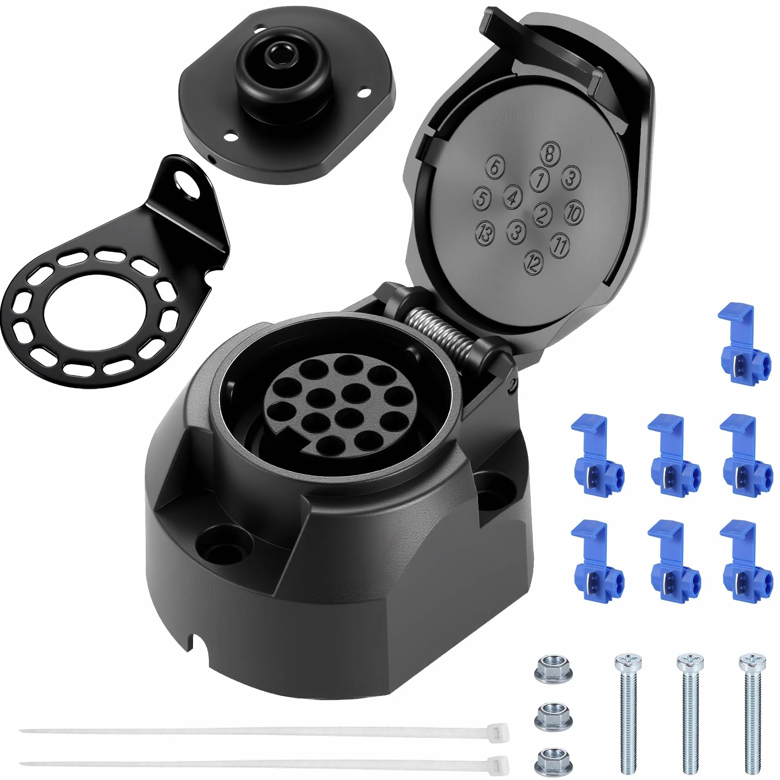 Starvortex 13-pinowe gniazdo do przyczepy kempingowej, gniazdo 13-pinowe z uszczelką gumową i metalowym uchwytem montażowym, 12 V, wodoszczelne, norma ISO 11446, adapter wtyczki do przyczepy