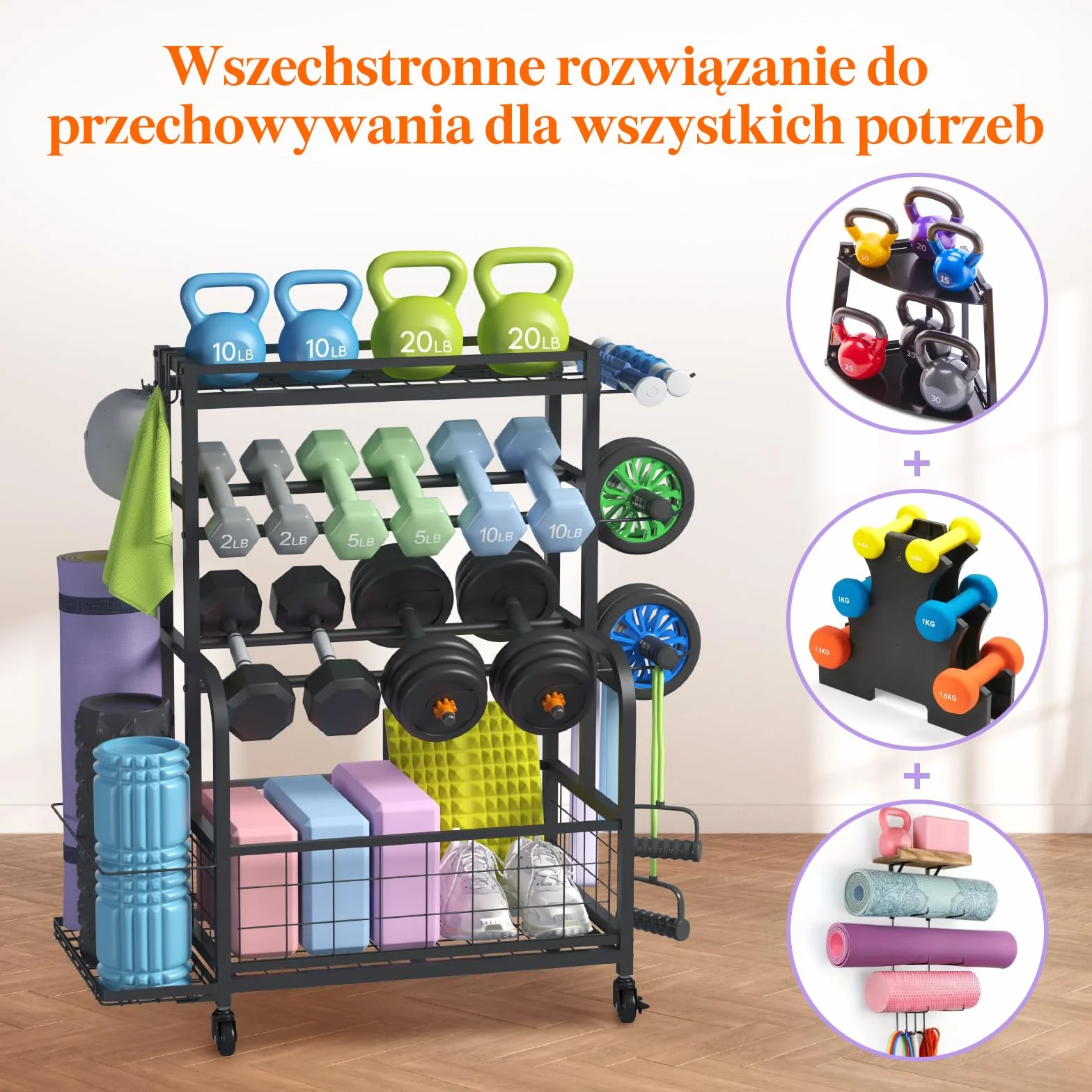 Lifewit Stojak na ciężary do domowej siłowni, stojak na hantle, uchwyt na matę, domowa siłownia na kółkach do treningu siłowego, sprzęt do jogi, wszystko w jednym do domu, garażu, średni rozmiar