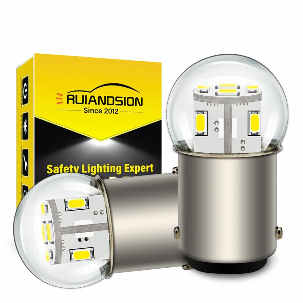 Ruiandsion 2 żarówki LED BA15D 6V 1130 1142 1176 białe 3014 12SMD Zamienne żarówki LED do tylnych świateł samochodowych, przyczep, łodzi morskich, kamperów, łodzi.