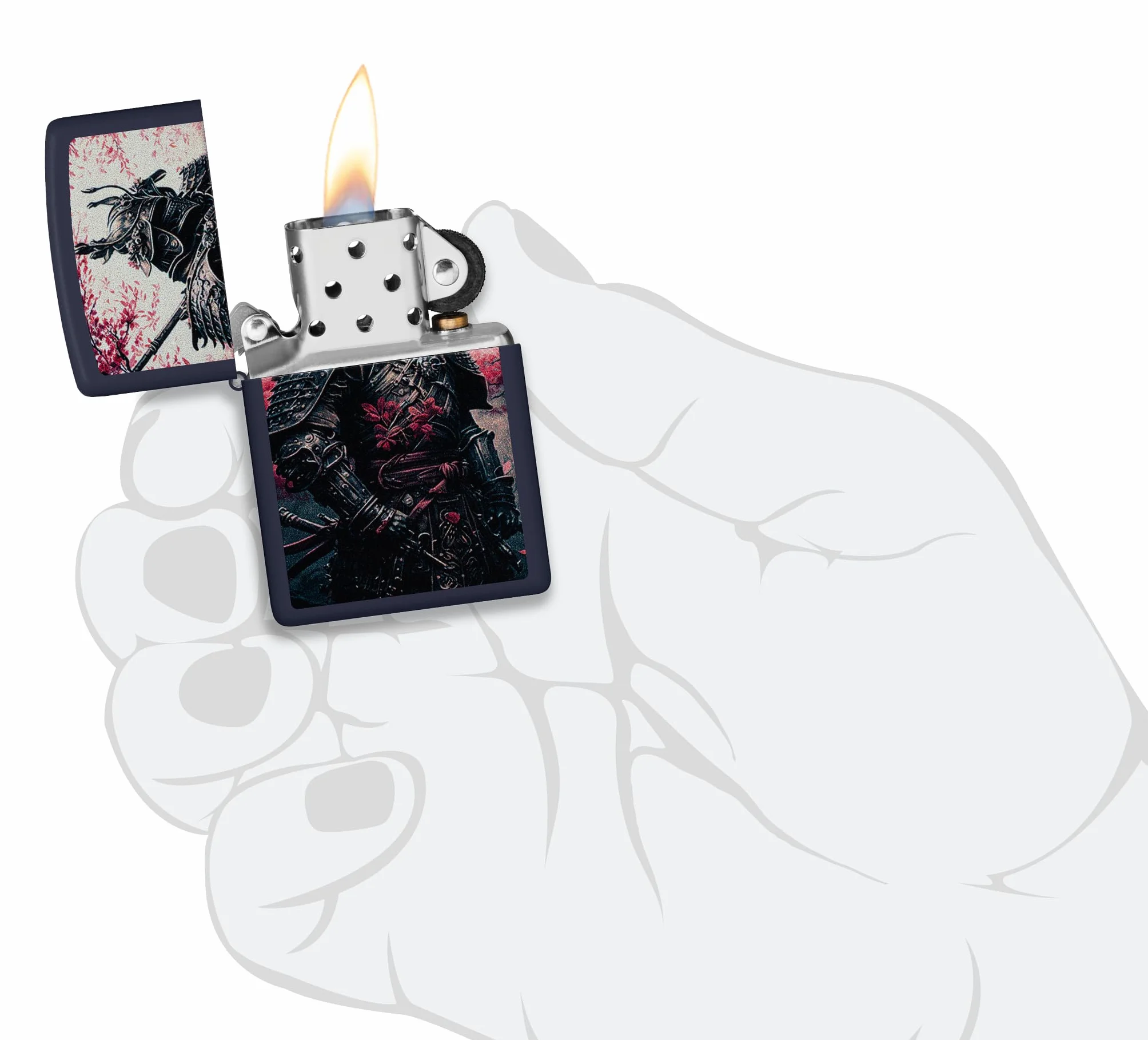Zippo Samurai Warrior Zapalniczka Sztormowa, Kolorowy Nadruk, do Napełniania, Wielokrotnego Użytku, Wiatroodporna Konstrukcja, Pudełko na Prezent, Wykonano w USA, Kolor Granatowy Matowy (Navy Matte)