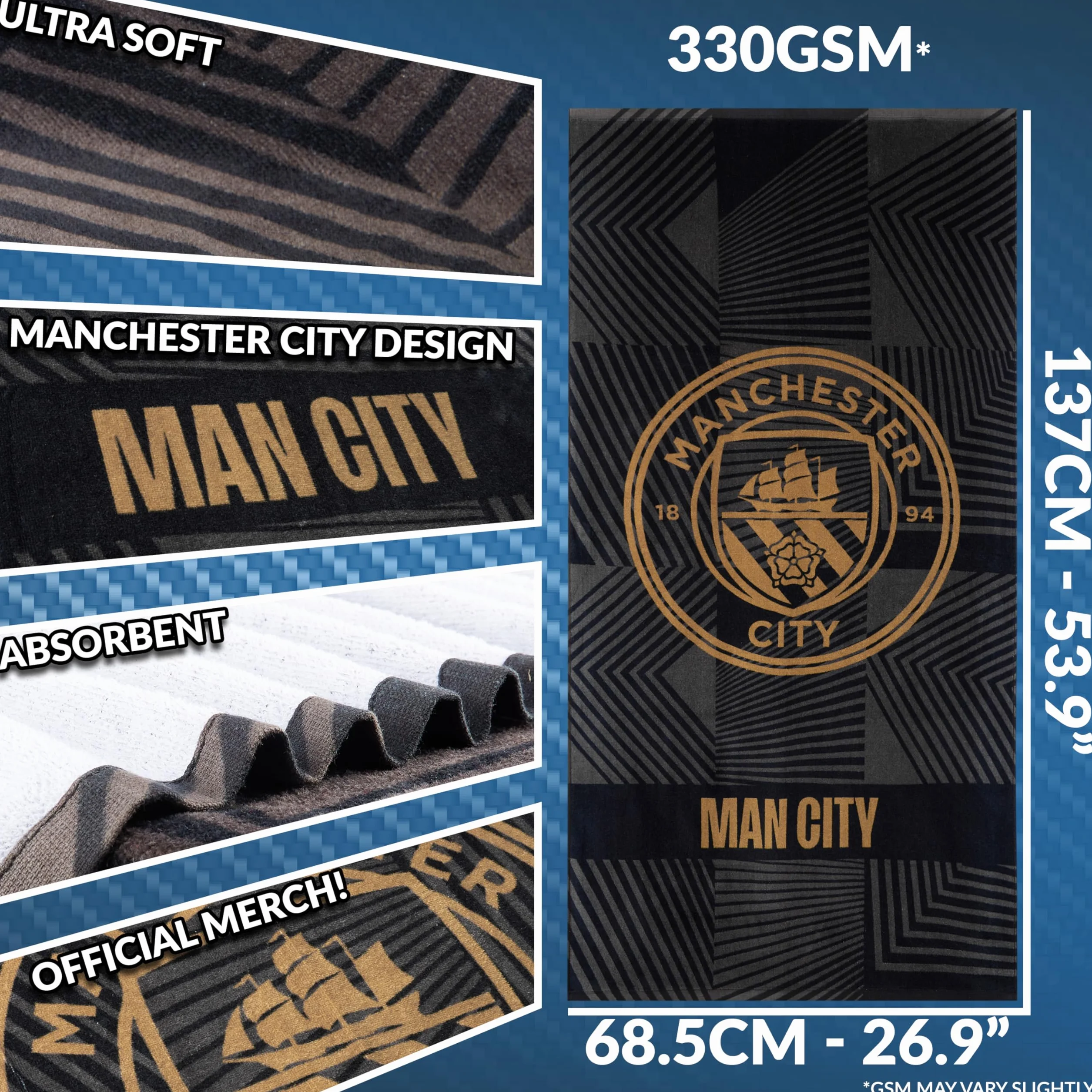Manchester City FC ręczniki łazienkowe welurowe 140 x 70 ręcznik kąpielowy do piłki nożnej 100% bawełna (czarny)