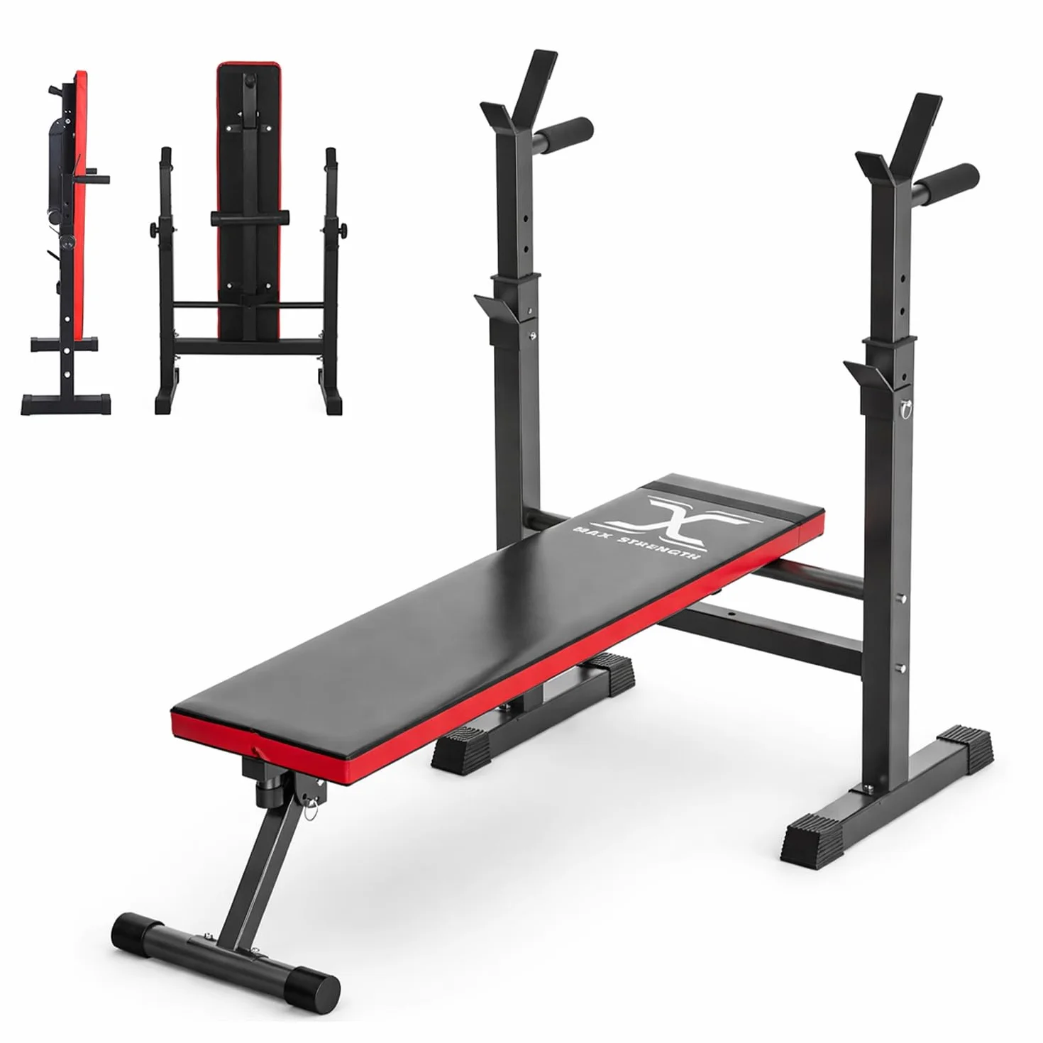 MAXSTRENGTH Trening dom siłownia fitness ławka narzędzie do ćwiczeń ławka do ćwiczeń, regulowana waga ławka ulepszone szersze siedzenie wielofunkcyjna składana wyciskana ławka do ćwiczeń (czarny/czerwony)