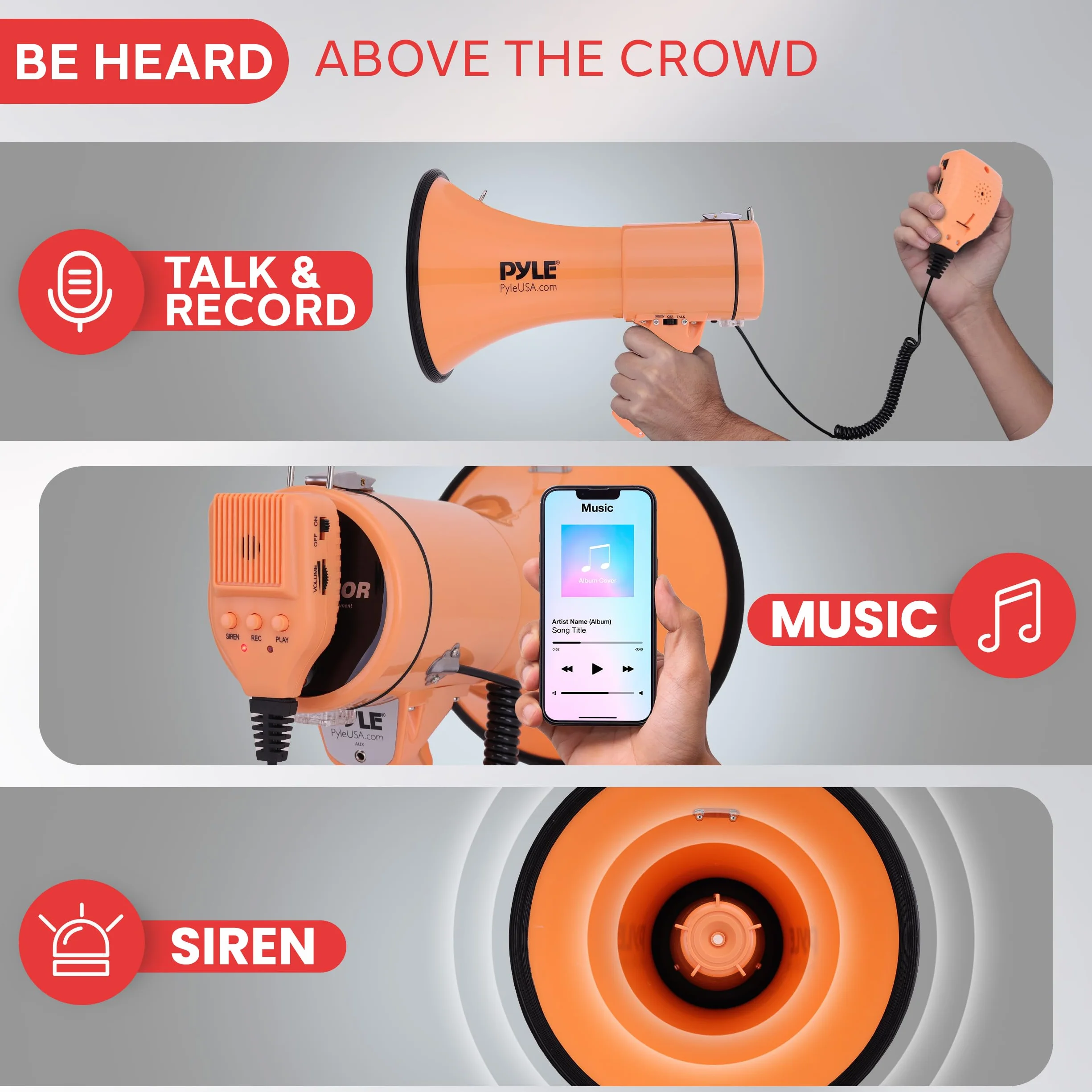 Pyle 50W Megaphone Bullhorn - Portable, Automatic Siren & Adjustable Volume,Projection Range Up to 1200 Square Yards, Aux Input, Talk, Siren, Music, Whistle, & Record, Shoulder Strap (Orange)