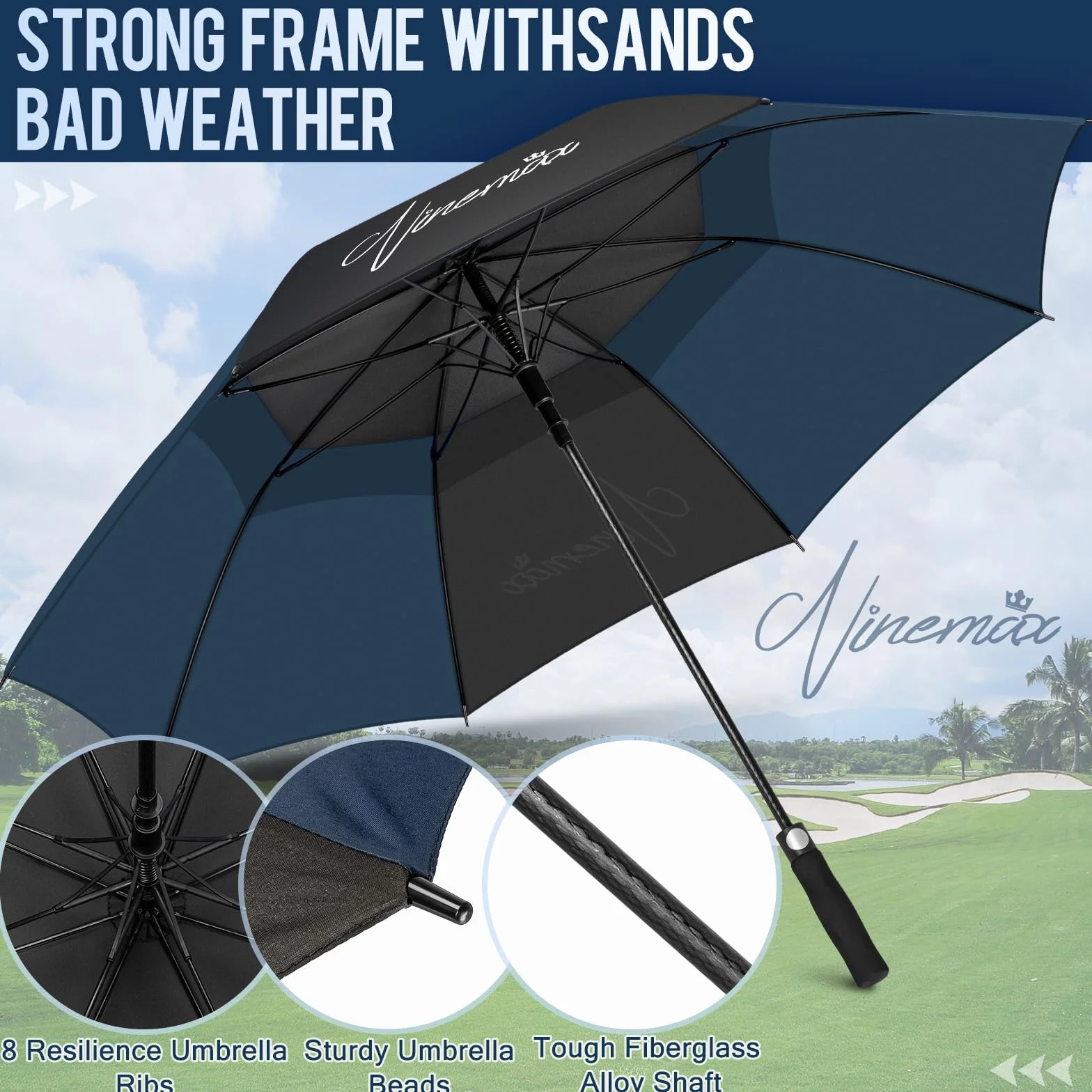 NINEMAX Wiatroodporny Parasol Golfowy 62 inch,Parasol Golfowy Długi Wiatroszczelny,Wodoszczelny,Podwójny Baldachim dla Mężczyzn i Kobiet(Czarny i Ciemnoniebieski)