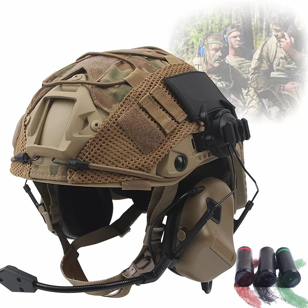 Taktyczny sprzęt wojskowy Airsoft Fast Helmet z zestawem słuchawkowym wielokamowym i 3 kolorowym kamuflażowym kasetą farby CS Polowanie hełmów guzowych