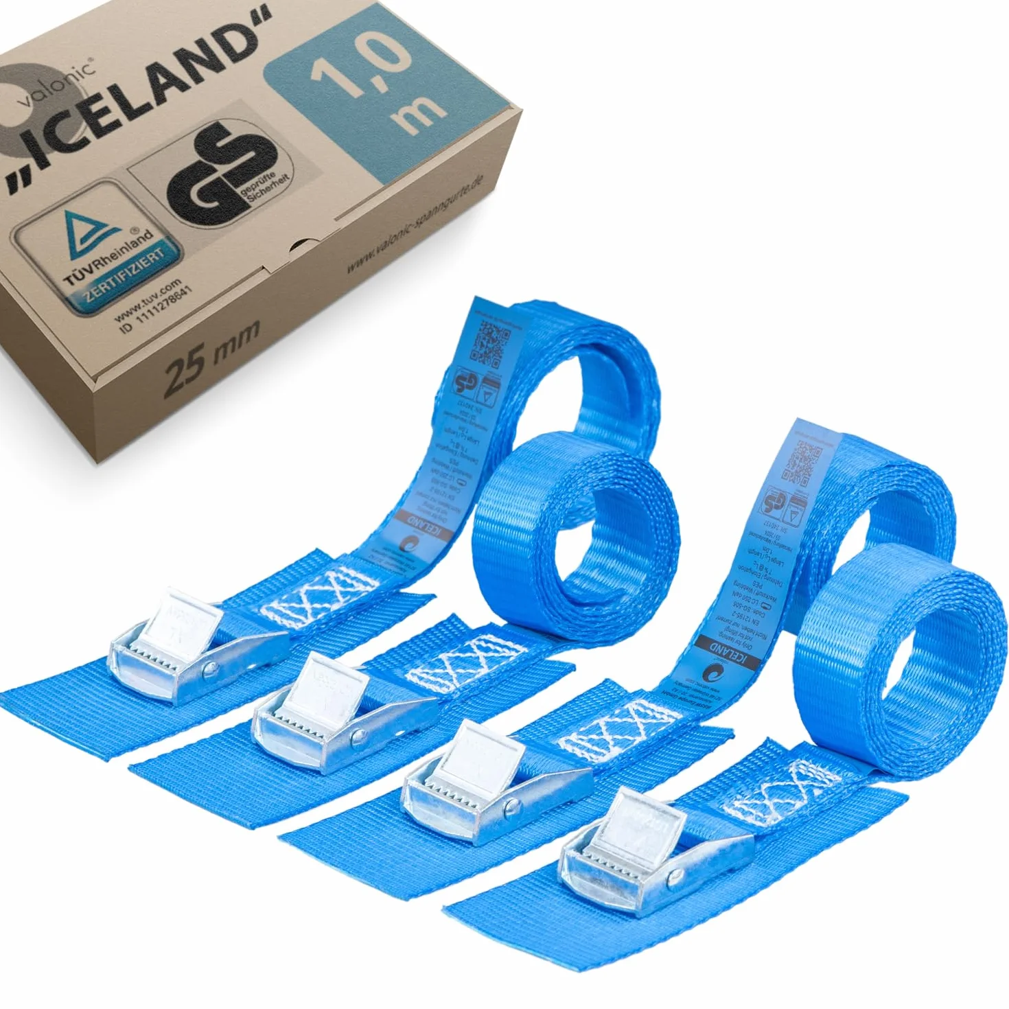valonic ICELAND - 4x 1m krótkie pasy mocujące z podkładką, 25mm, 250kg, certyfikat TÜV Rheinl. / GS EN-12195-2 - Pas mocujący z zamkiem zaciskowym do bagażnika rowerowego, roweru, kajaka, krótki