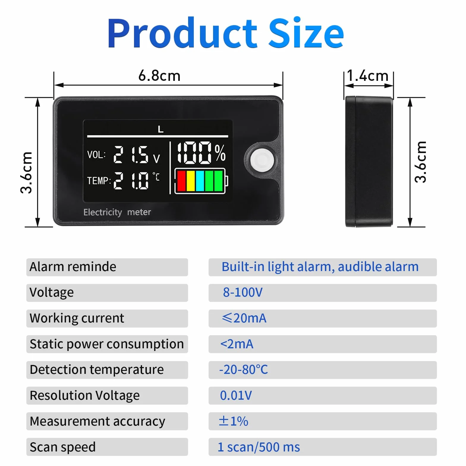 HEEMOL Monitor pojemności akumulatora 12 V, 24 V, 36 V, 48 V, 60 V, 72 V, 84 V, DC8-100 V, wyświetlacz LCD, wodoodporny z czujnikiem temperatury, alarm do samochodów, łodzi, kamperów.