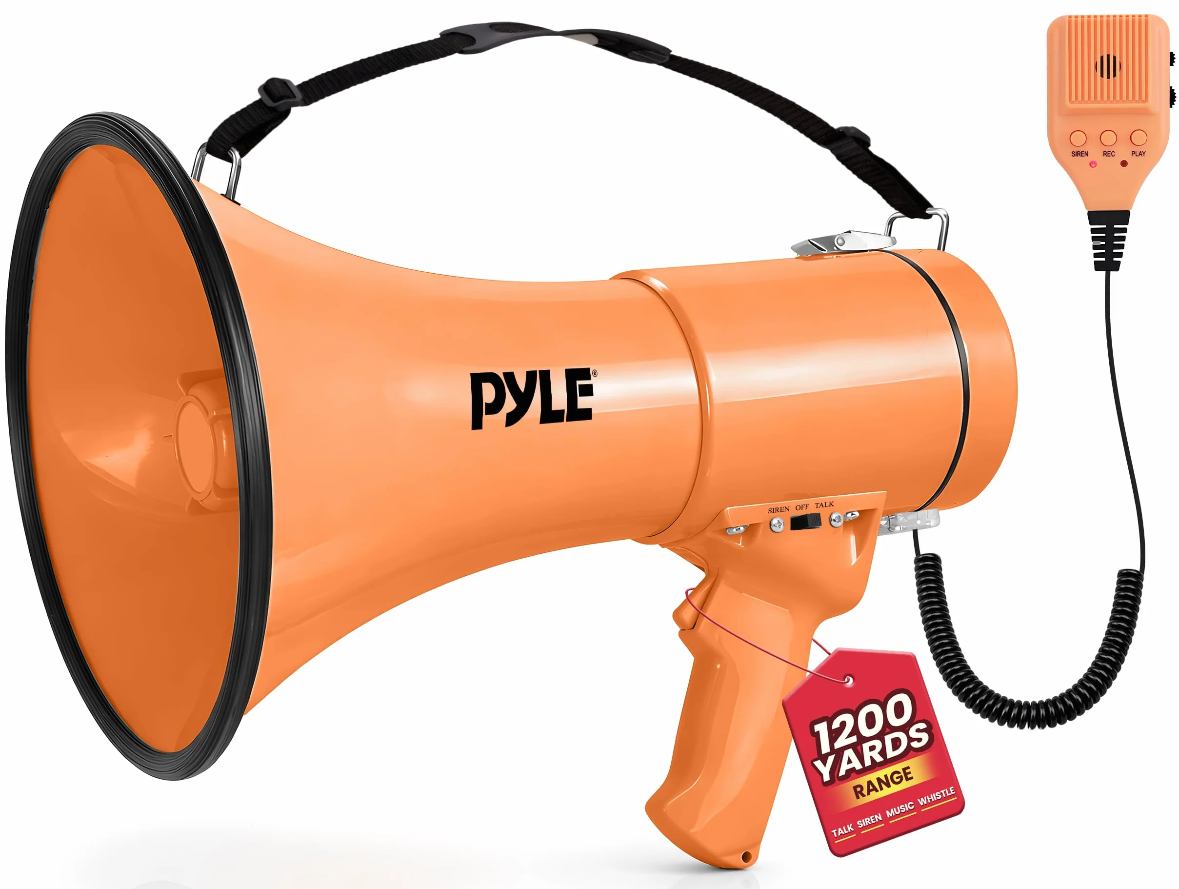 Pyle 50W Megaphone Bullhorn - Portable, Automatic Siren & Adjustable Volume,Projection Range Up to 1200 Square Yards, Aux Input, Talk, Siren, Music, Whistle, & Record, Shoulder Strap (Orange)