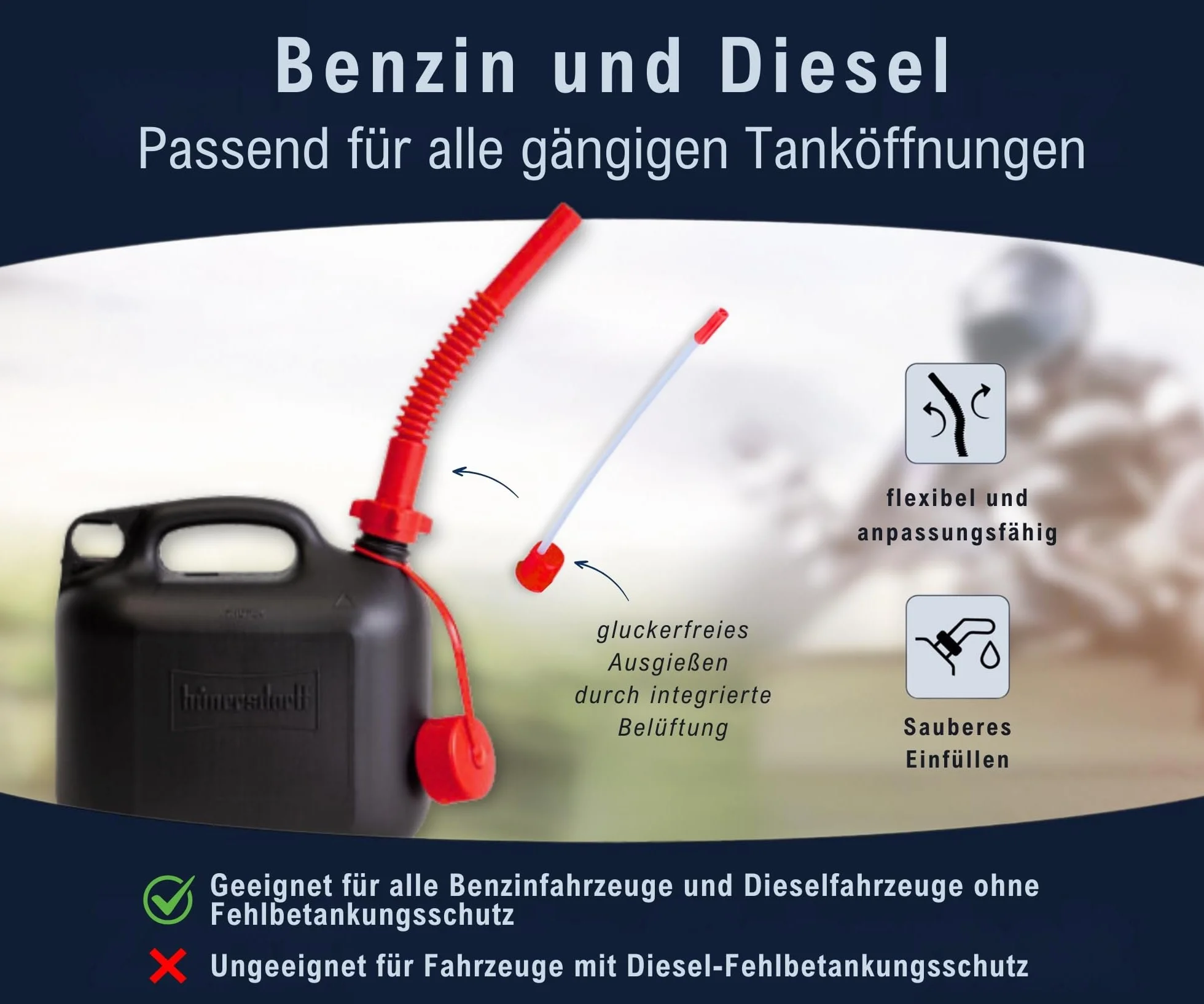hünersdorff Rura odpływowa Premium Plus, benzynowa, elastyczna, do kanistrów na paliwo/podwójny + FuelFriend, z czerwoną nakrętką złączkową, czerwona