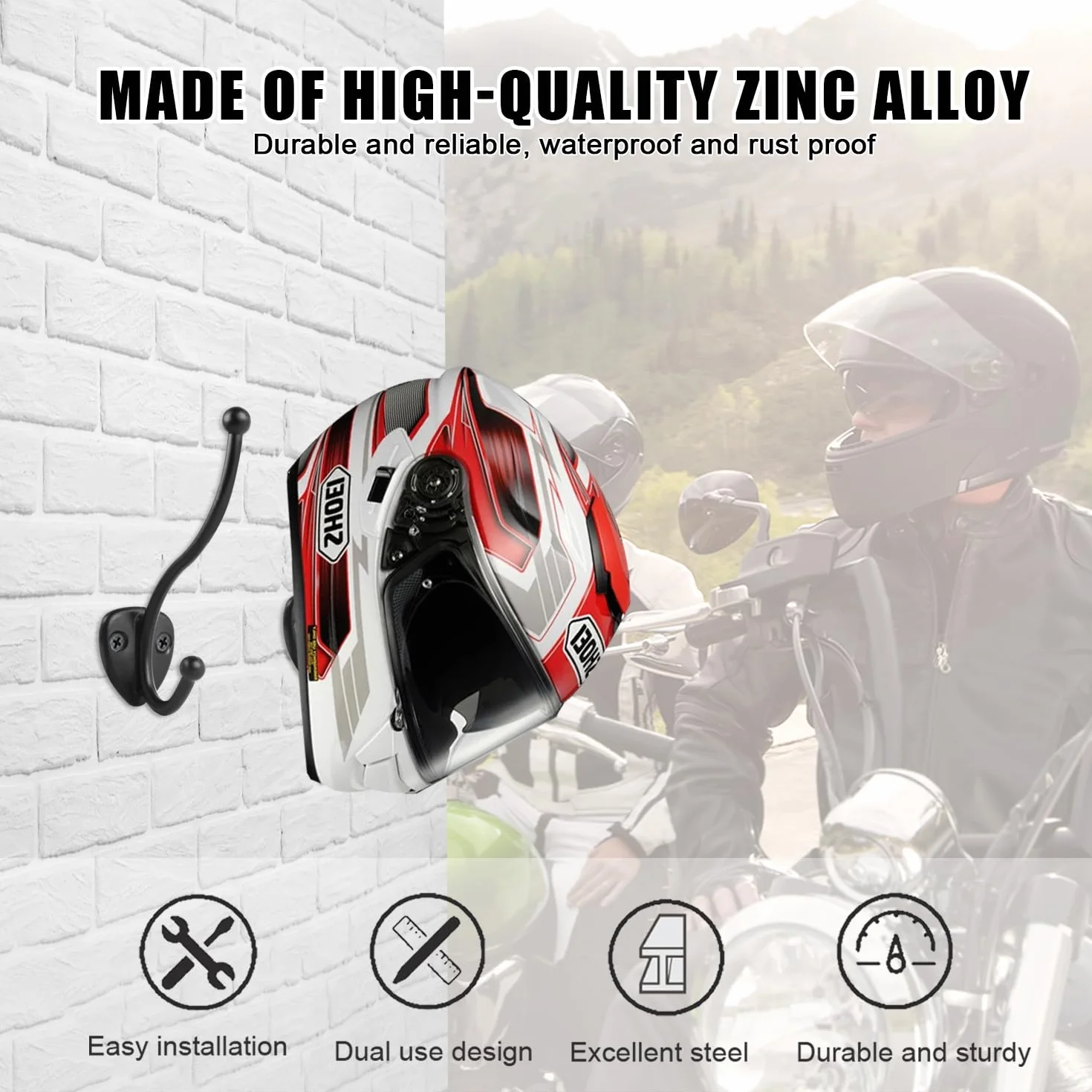 Uchwyt na kask ścienny, 2 sztuki, uchwyt na kask motocyklowy, uchwyt na kask motocyklowy, kurtkę, rękawiczkę, czarny