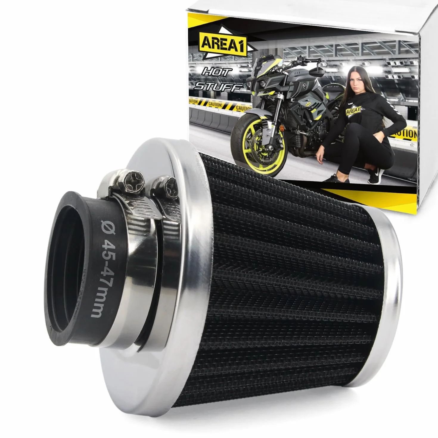 Area1 Uniwersalny tuning sportowy filtr powietrza, przyłącze 45, 46, 47 mm, podwójna warstwa, stal, filtr powietrza do motocykla, quada, skutera