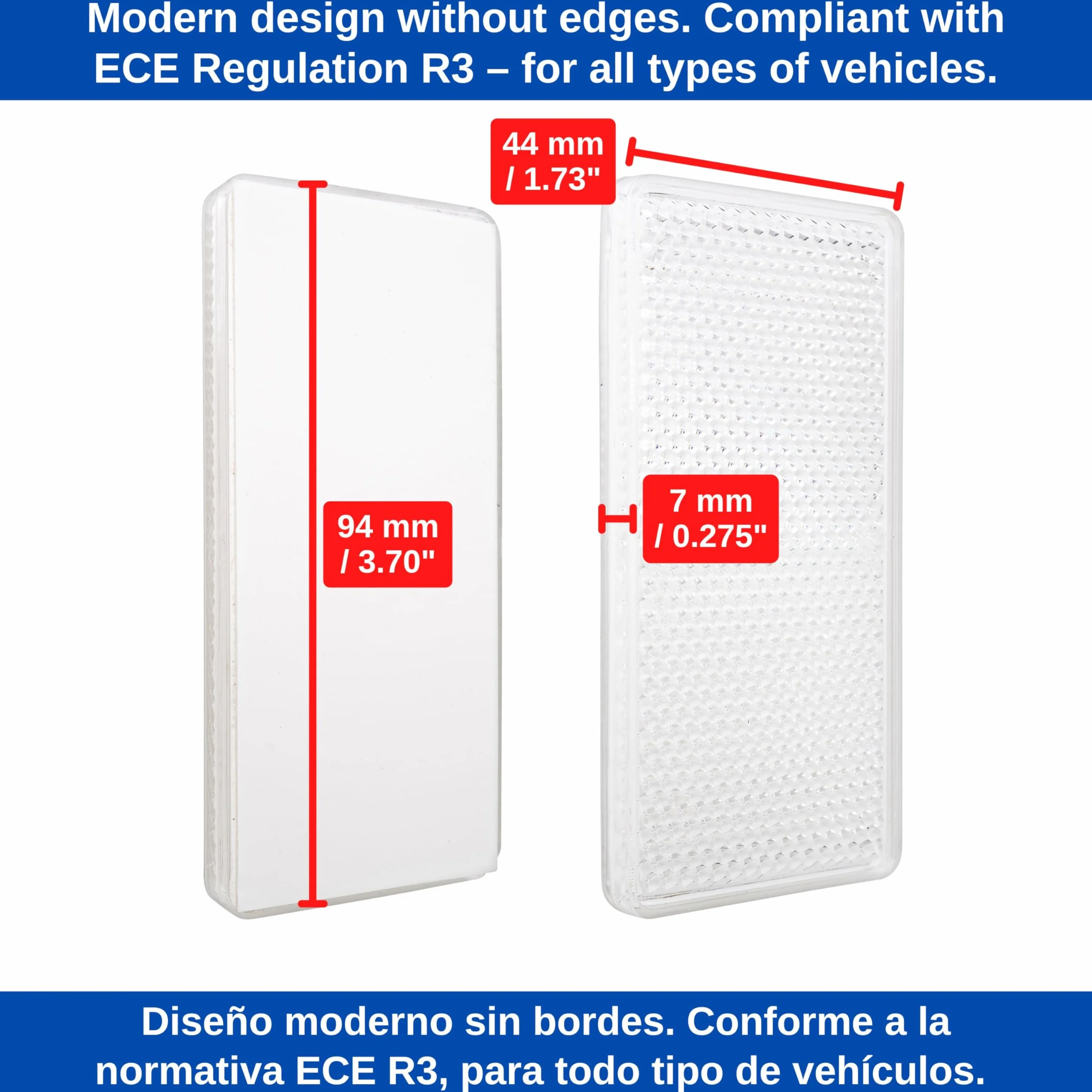 Prostokątne reflektory do przyklejenia, 4 sztuki, białe, wymiary 94 x 44 x 7 mm, ze znakiem kontrolnym E, kwadratowe reflektory do przyczepy, kampera, kocie oko po lewej stronie, po prawej stronie,