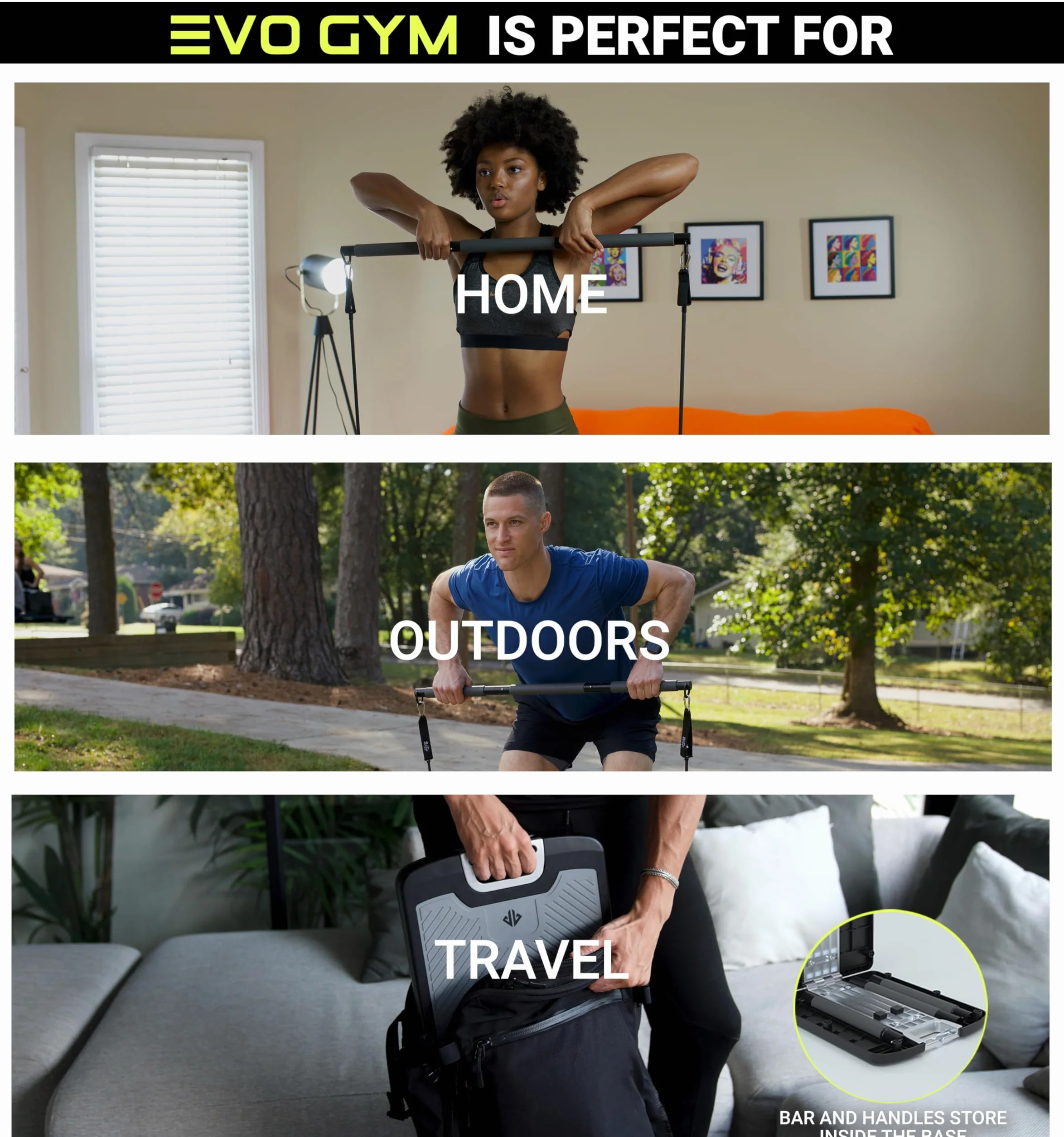 EVO Gym - przenośny sprzęt do treningu siłowego w domowej siłowni, wszystko w jednym, taśmy oporowe, podstawa mieści drążek gimnastyczny i uchwyty do podróży, przenośny sprzęt do ćwiczeń domowych