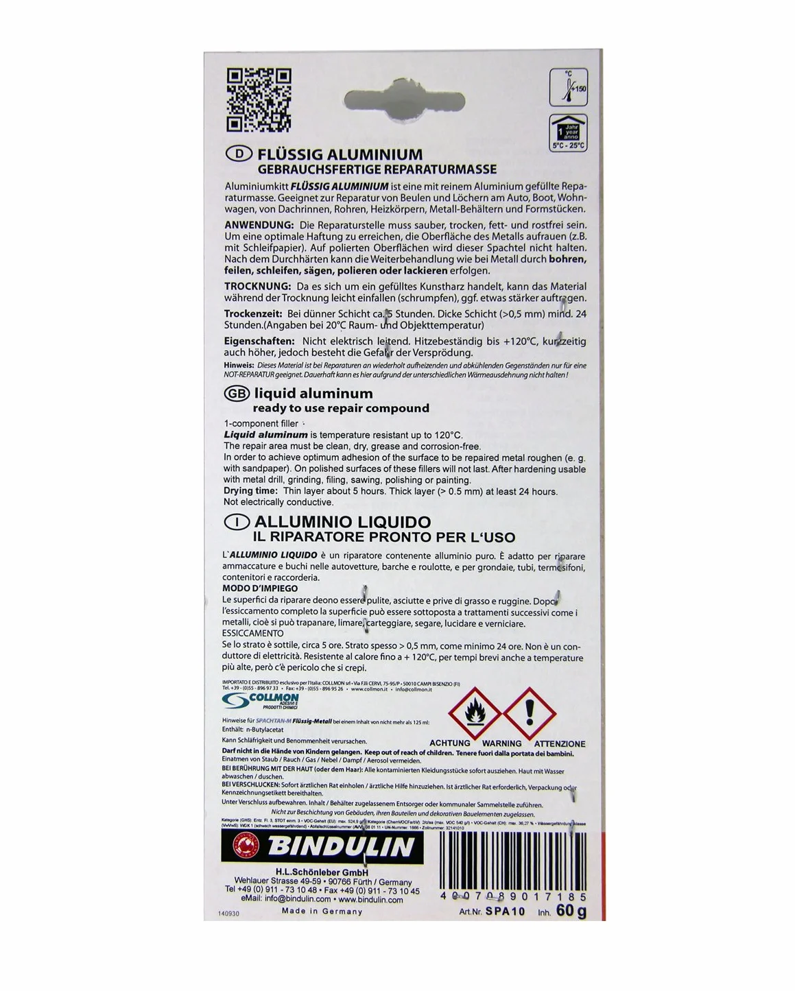 Bindulin Płynne aluminium 60 g – gotowa do użycia masa naprawcza ściany z żywicy syntetycznej – nadaje się do samochodów, samochodów, sportów wodnych, morskich, felg, polowań, modelarstwa – produkt
