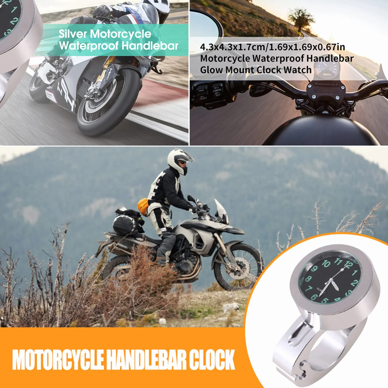 Srebrny zegarek na kierownicę, srebrny aluminiowy wodoodporny, odporny na wstrząsy zegarek motocyklowy, 1-częściowy krążownik do niestandardowego motocykla Chopper