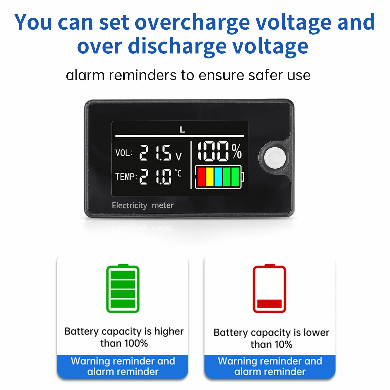HEEMOL Monitor pojemności akumulatora 12 V, 24 V, 36 V, 48 V, 60 V, 72 V, 84 V, DC8-100 V, wyświetlacz LCD, wodoodporny z czujnikiem temperatury, alarm do samochodów, łodzi, kamperów.
