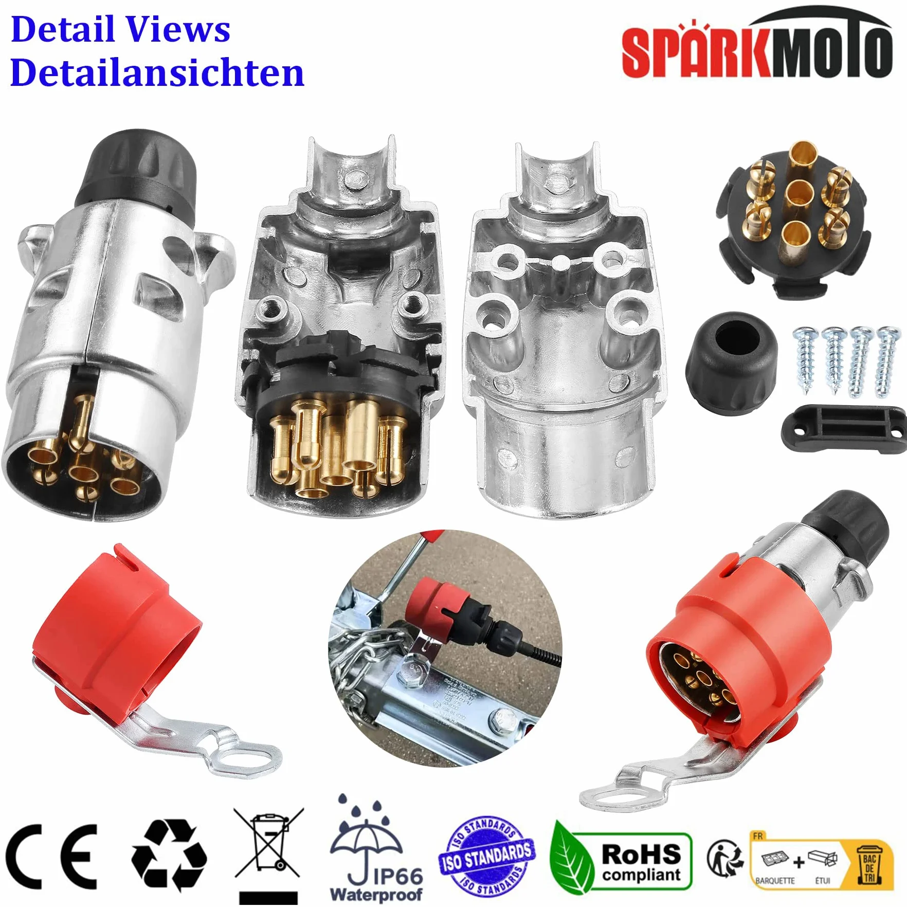 Metalowe Gniazdo 7 Polaków I Metalu Wtyczka Przyczepy 7 Polaków,12V Wtyczka I Gniazdo Przyczepy 7 Polaków Aluminium,Wodoodporna Wtyczka Gniazdo Przyczepy RV,z uchwytem wtyczki przyczepy czerwony(Aluminium B)